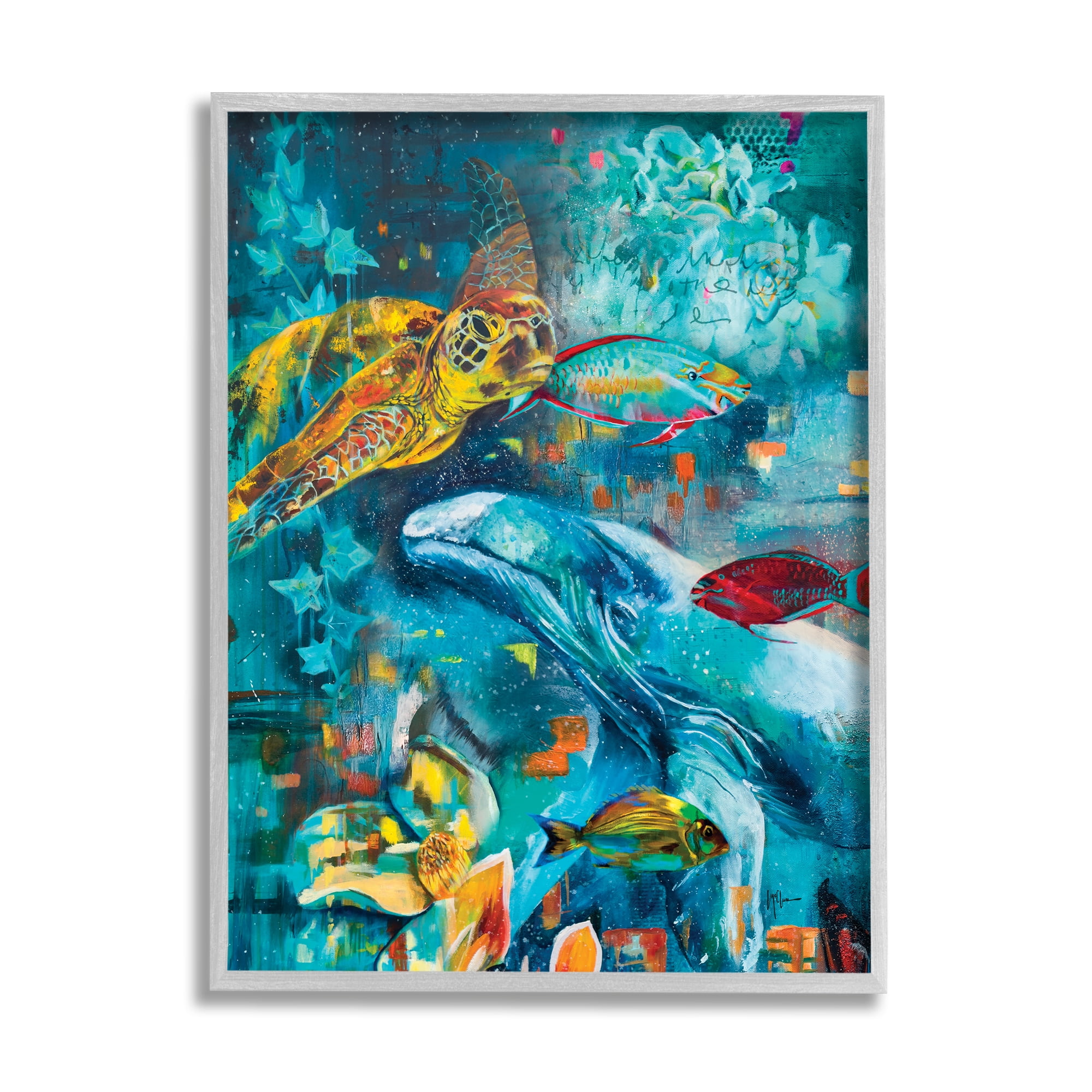 Stupell Industries Abstract Underwater Creatures Animals & Insects Painting Gray Framed Art Print Wall Art, 24 x 30