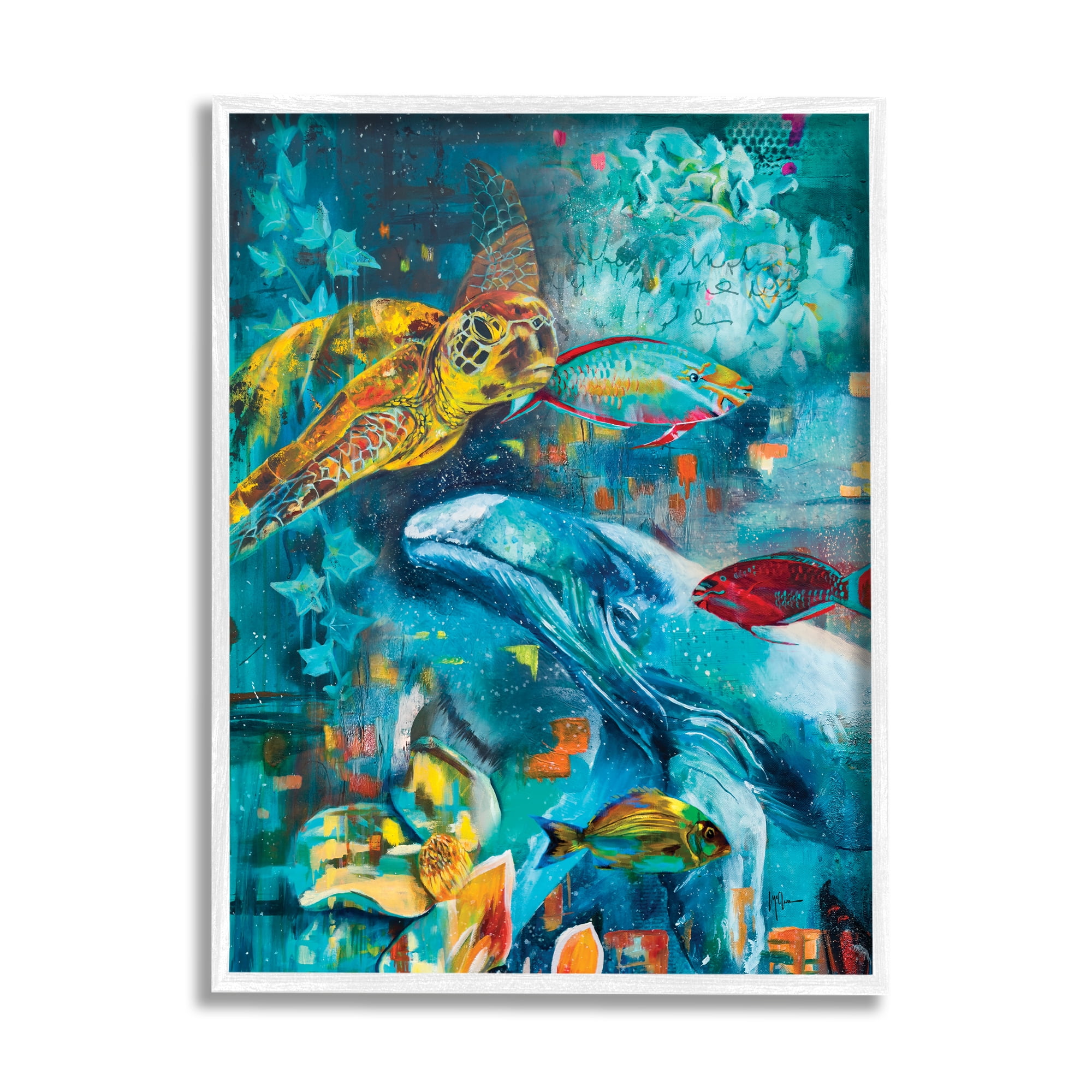 Stupell Industries Abstract Underwater Creatures Animals & Insects Painting White Framed Art Print Wall Art, 16 x 20