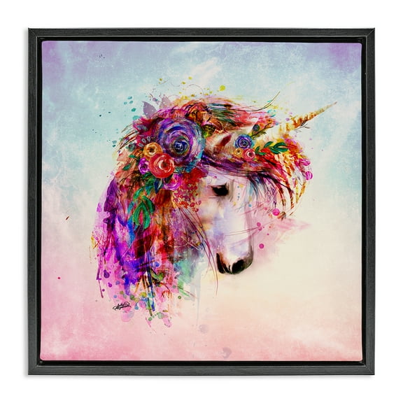 Stupell Industries Abstract Unicorn with Florals Fantasy & Sci-Fi Painting Black Floater Framed Canvas Art Print Wall Art, 18 x 18