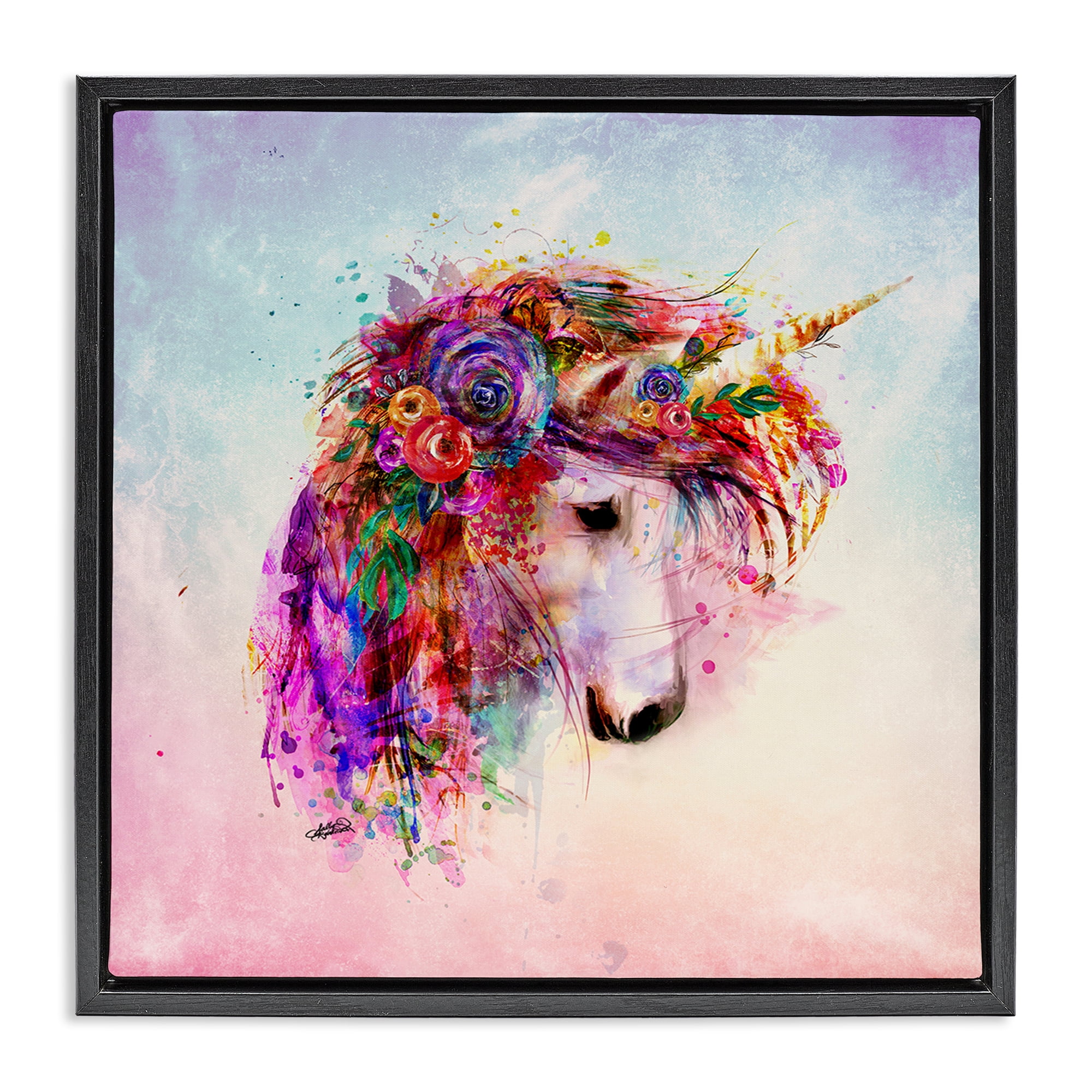 Stupell Industries Abstract Unicorn with Florals Fantasy & Sci-Fi Painting Black Floater Framed Canvas Art Print Wall Art, 25 x 25