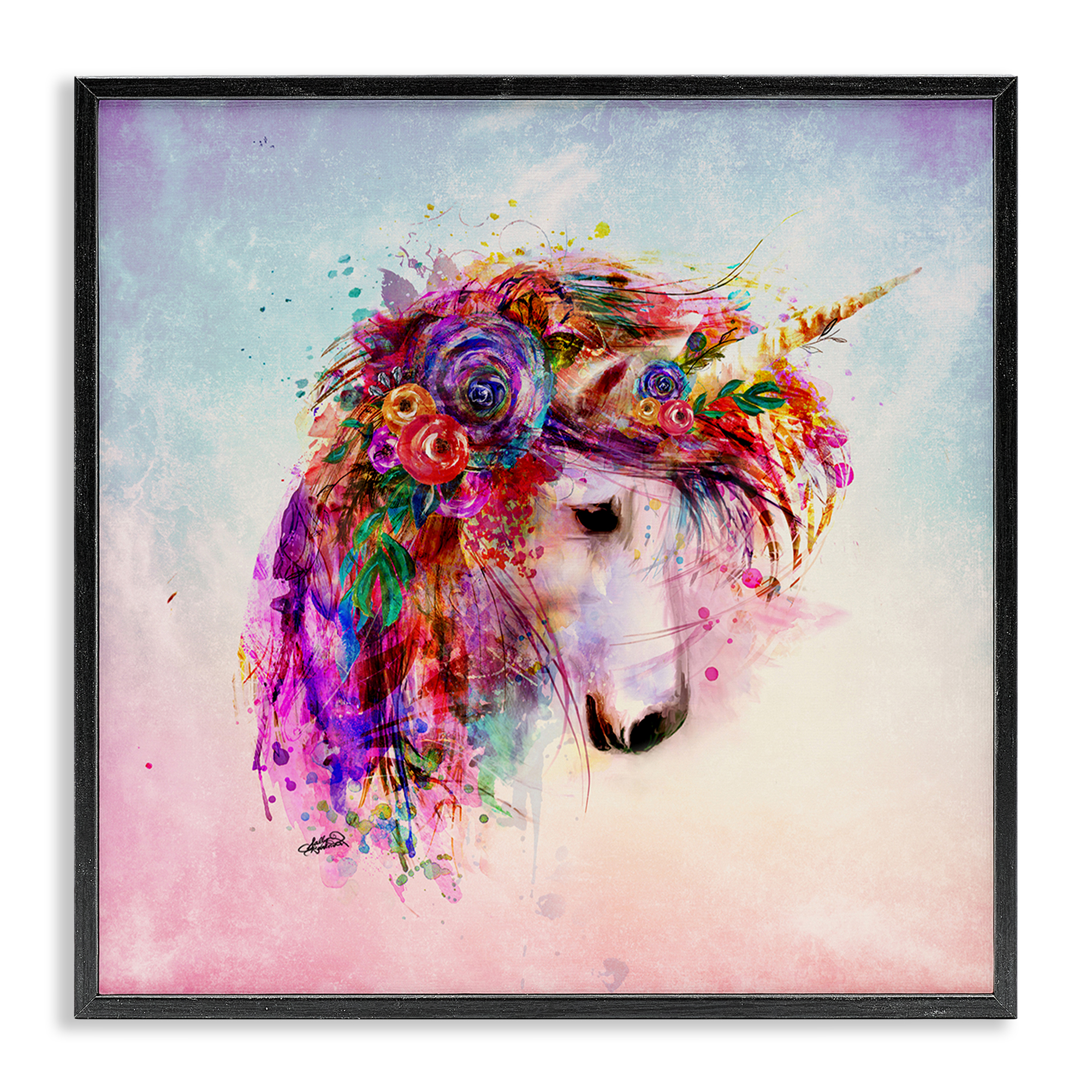 Stupell Industries Abstract Unicorn with Florals Fantasy & Sci-Fi Painting Black Framed Art Print Wall Art, 24 x 24