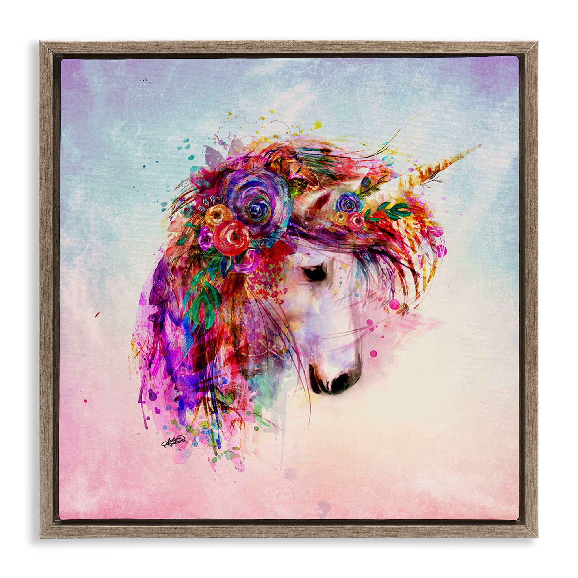 Stupell Industries Abstract Unicorn with Florals Fantasy & Sci-Fi Painting Brown Floater Framed Canvas Art Print Wall Art, 25 x 25