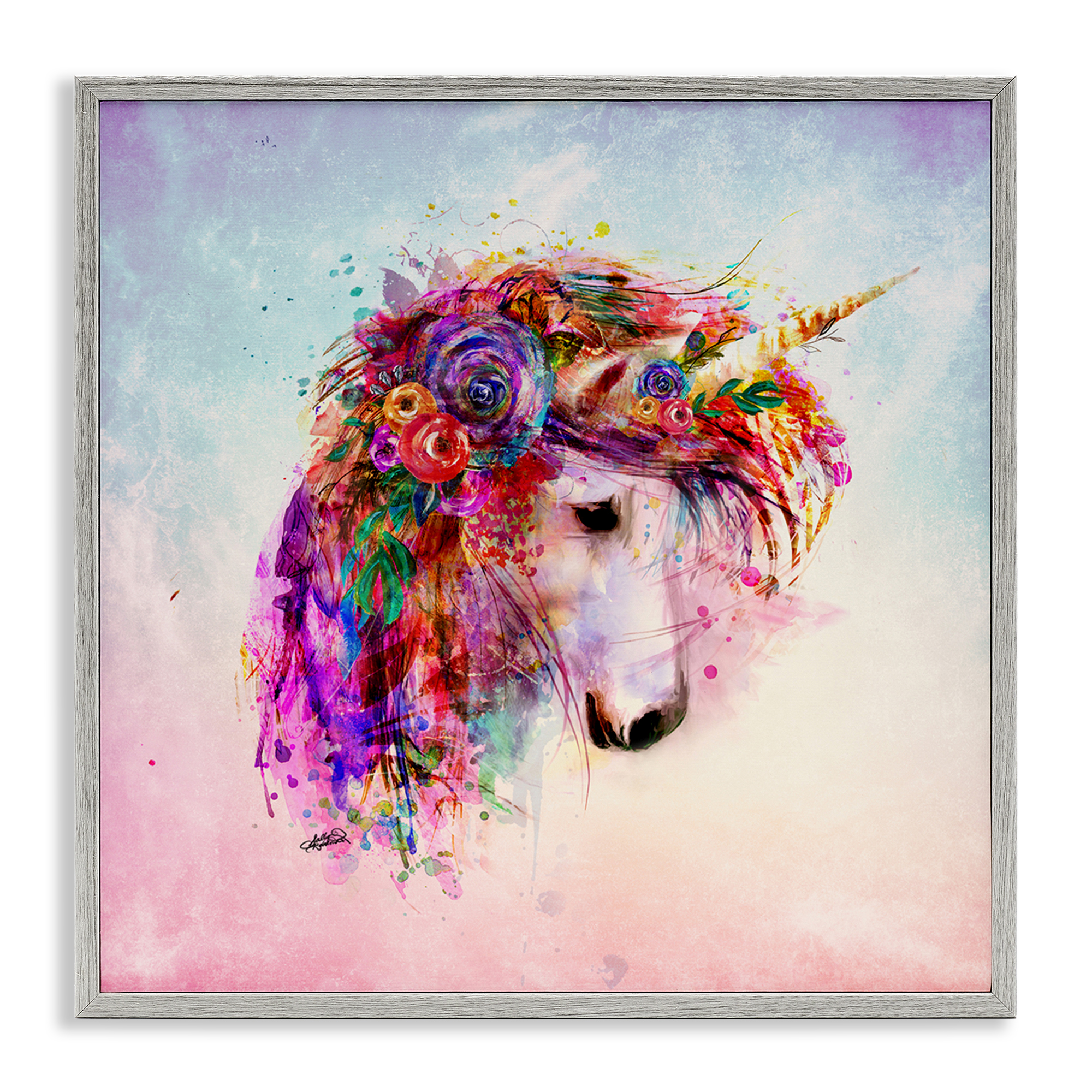 Stupell Industries Abstract Unicorn with Florals Fantasy & Sci-Fi Painting Gray Framed Art Print Wall Art, 17 x 17