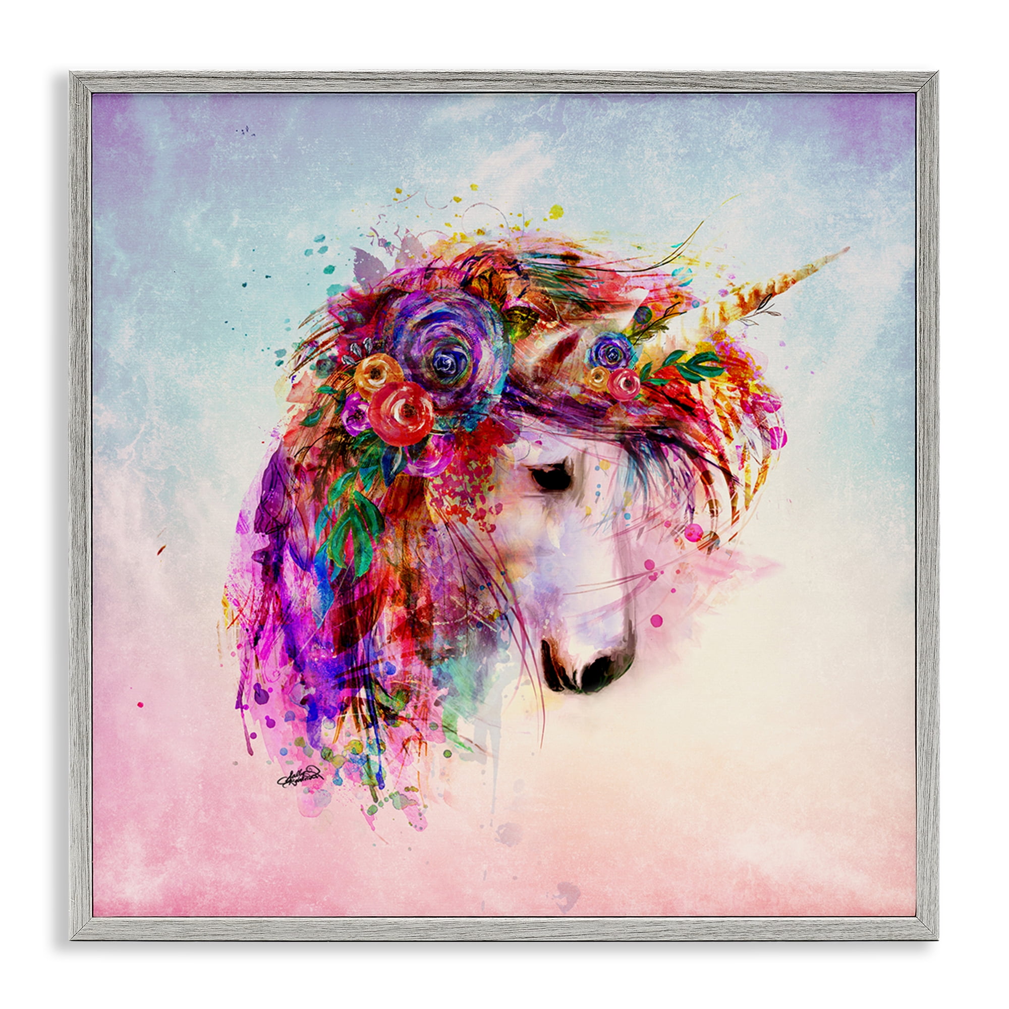 Stupell Industries Abstract Unicorn with Florals Fantasy & Sci-Fi Painting Gray Framed Art Print Wall Art, 24 x 24