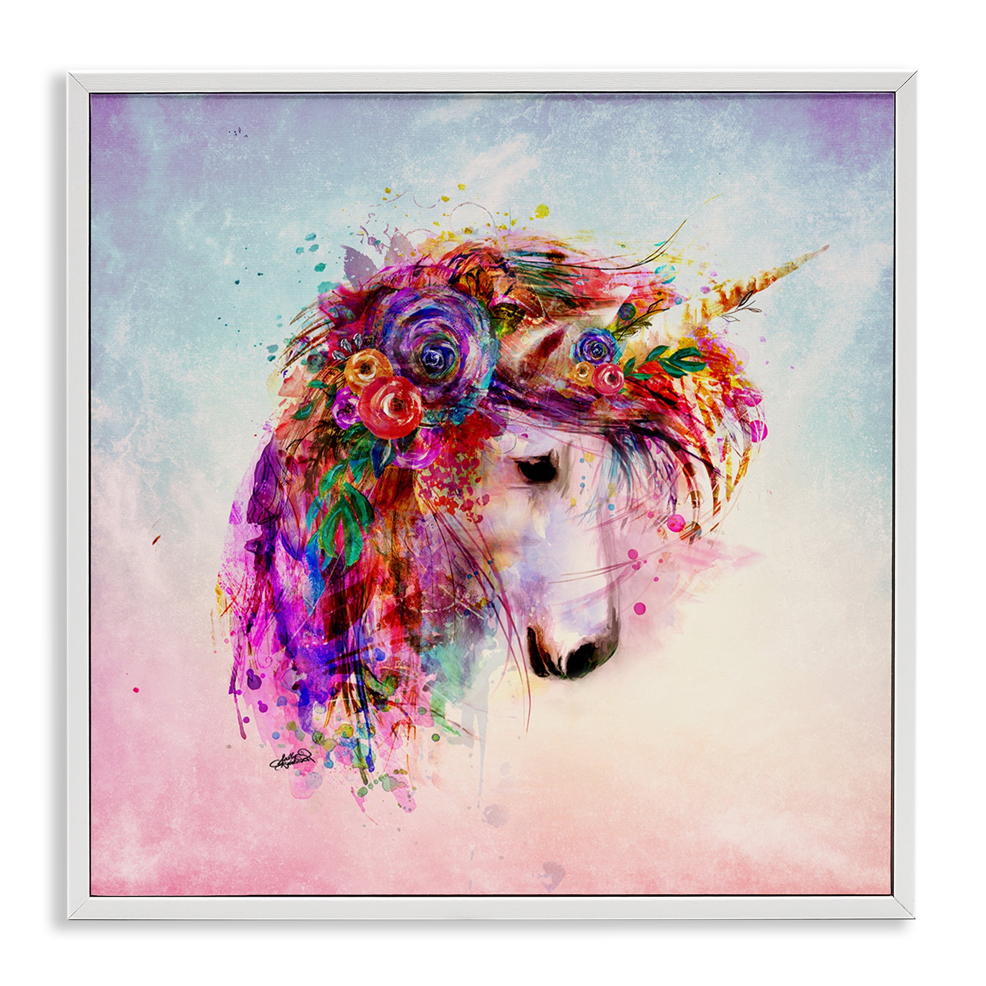 Stupell Industries Abstract Unicorn with Florals Fantasy & Sci-Fi Painting White Framed Art Print Wall Art, 12 x 12