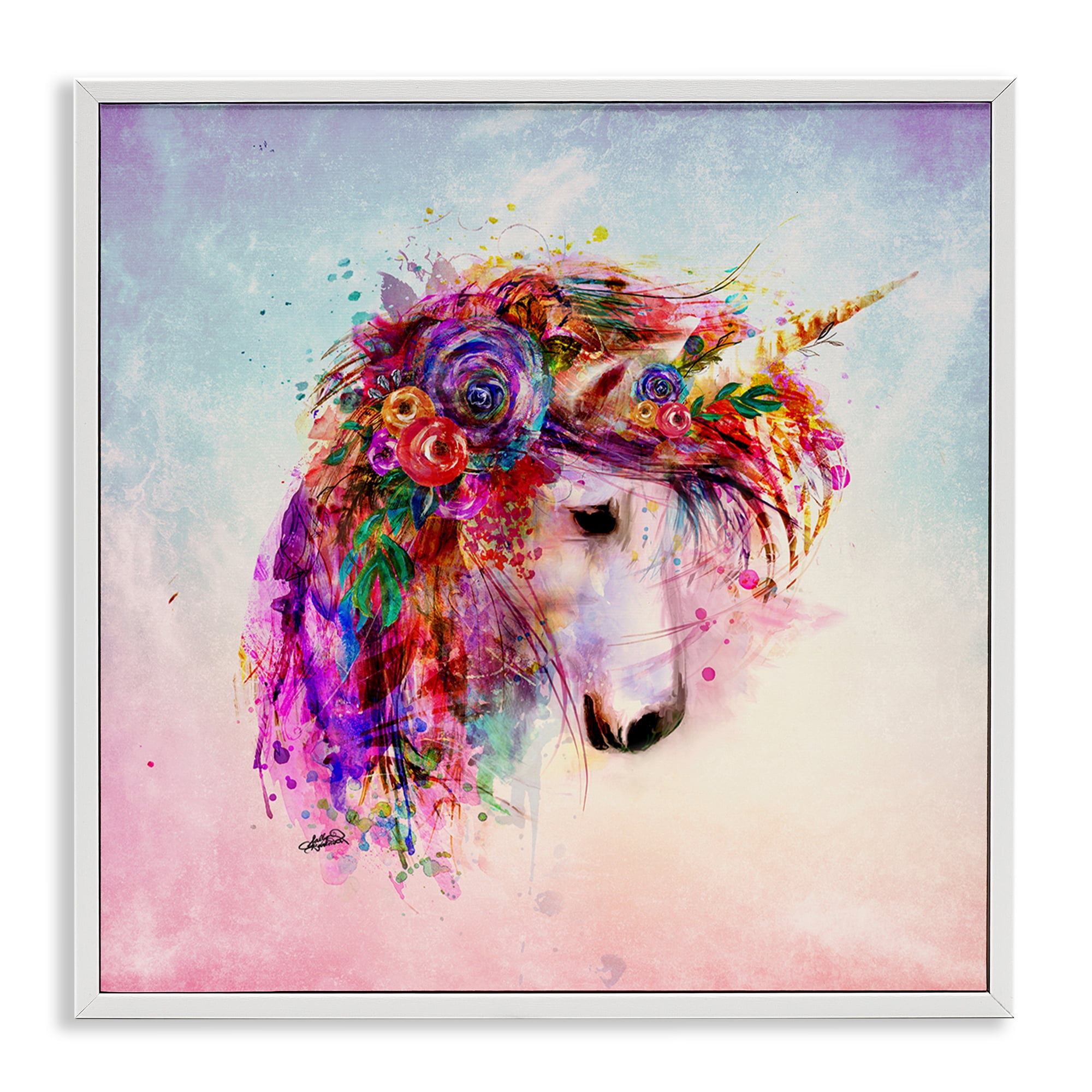 Stupell Industries Abstract Unicorn with Florals Fantasy & Sci-Fi Painting White Framed Art Print Wall Art, 24 x 24