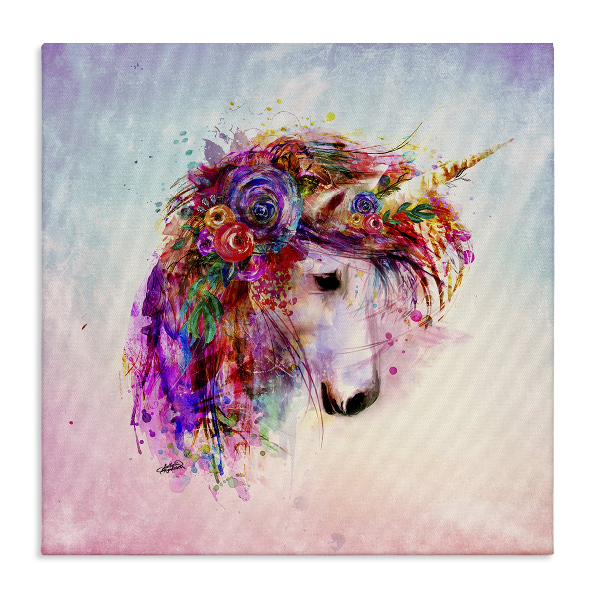 Stupell Industries Abstract Unicorn with Florals Fantasy & Sci-Fi Painting Wrapped Canvas Art Print Wall Art, 36 x 36