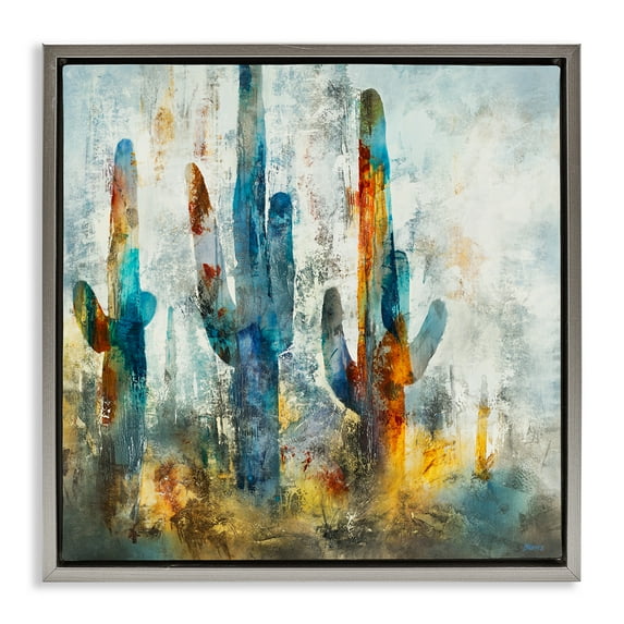 Stupell Industries Abstract Vibrant Cacti Silhouettes Landscape Painting Gray Floater Framed Canvas Art Print Wall Art, 25 x 25