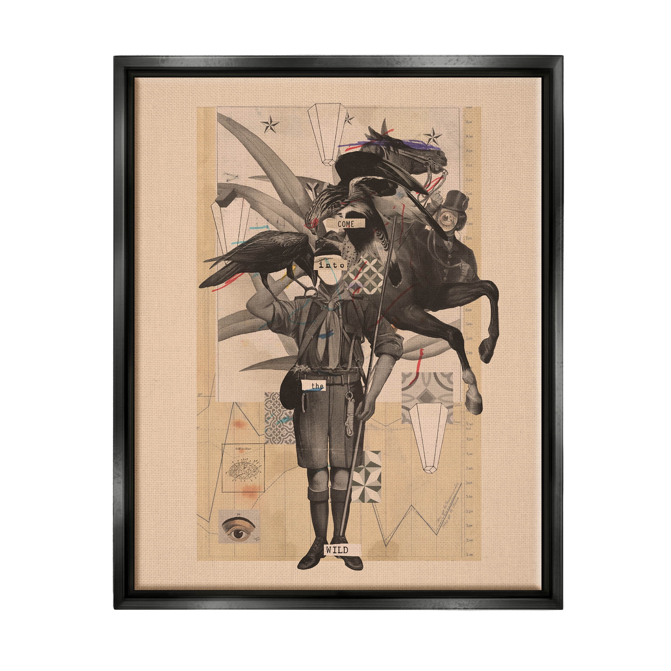 Stupell Industries Abstract Vintage Horse Text Collage Graphic Art Jet Black Floating Framed Canvas Print Wall Art, Design by Matheus Lopes Castro