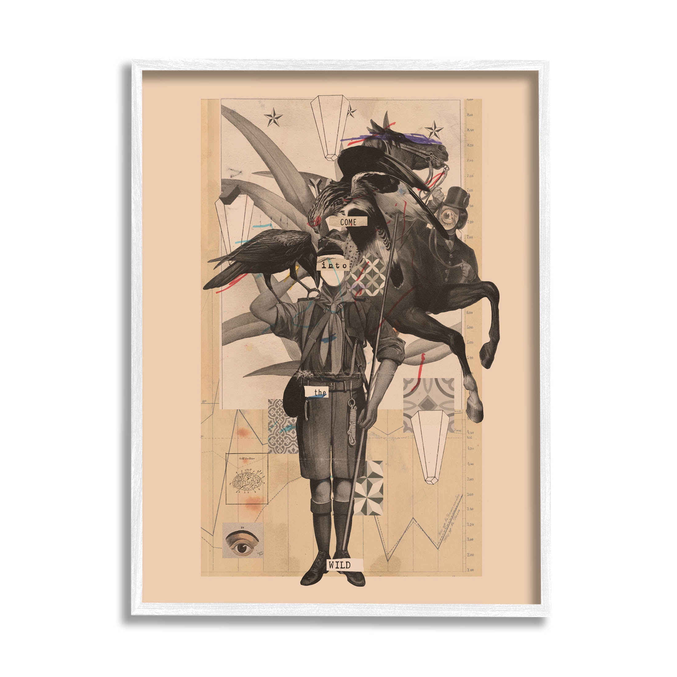 Stupell Industries Abstract Vintage Horse Text Collage Graphic Art White Framed Art Print Wall Art, Design by Matheus Lopes Castro