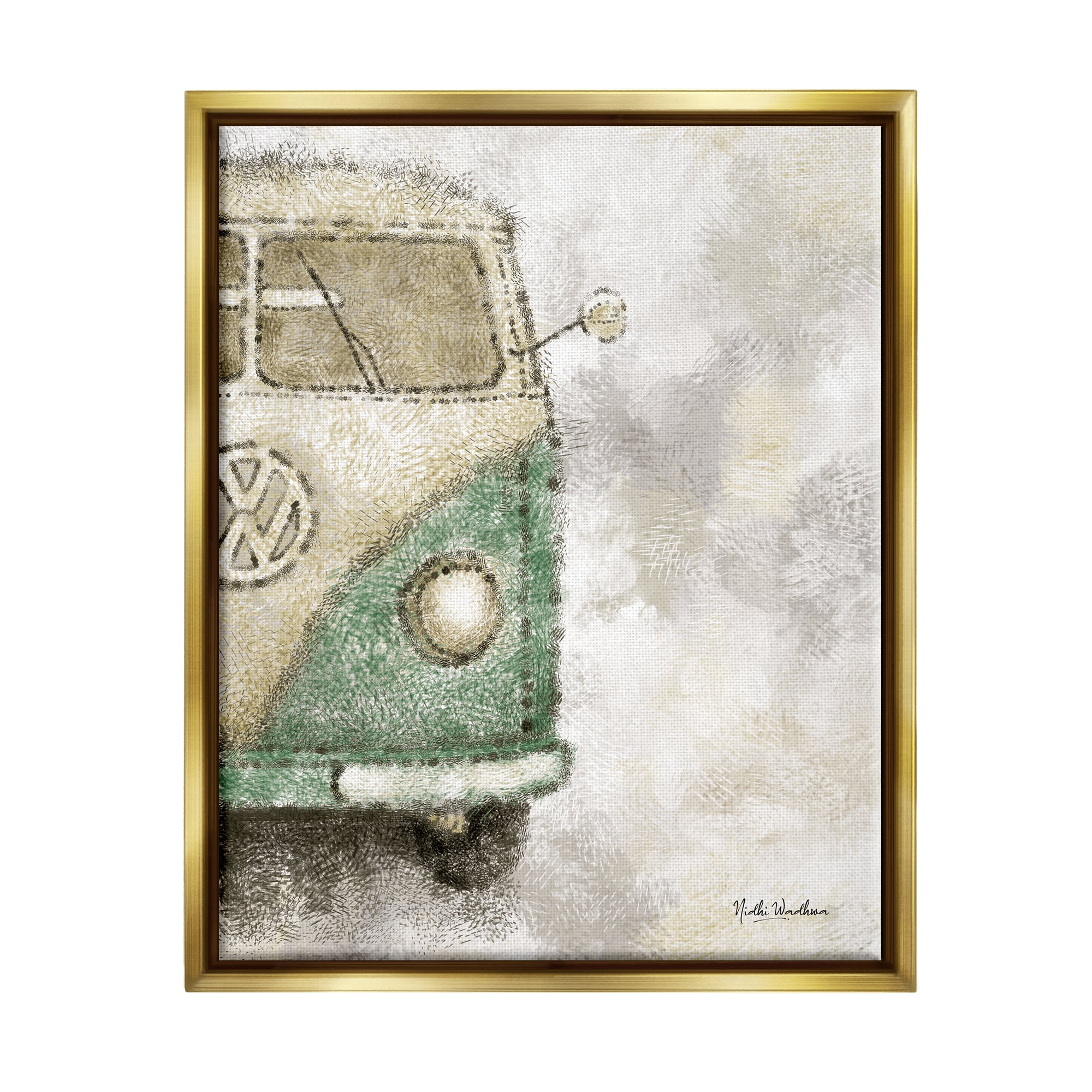 Stupell Industries Abstract Vintage Minibus Transportation Painting Gold Floater Framed Art Print Wall Art, 25 x 31