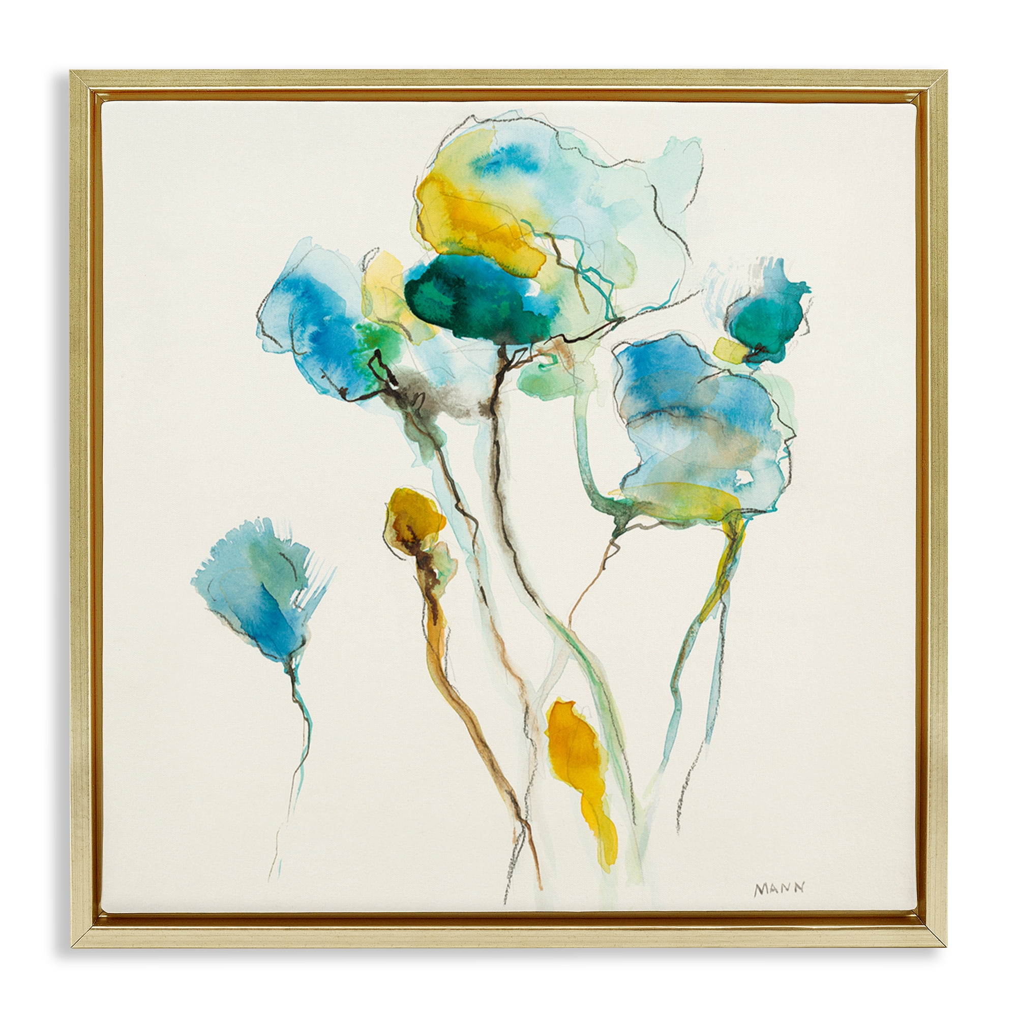 Stupell Industries Abstract Watercolor Blooms Abstract Painting Gold Floater Framed Canvas Art Print Wall Art, 18 x 18