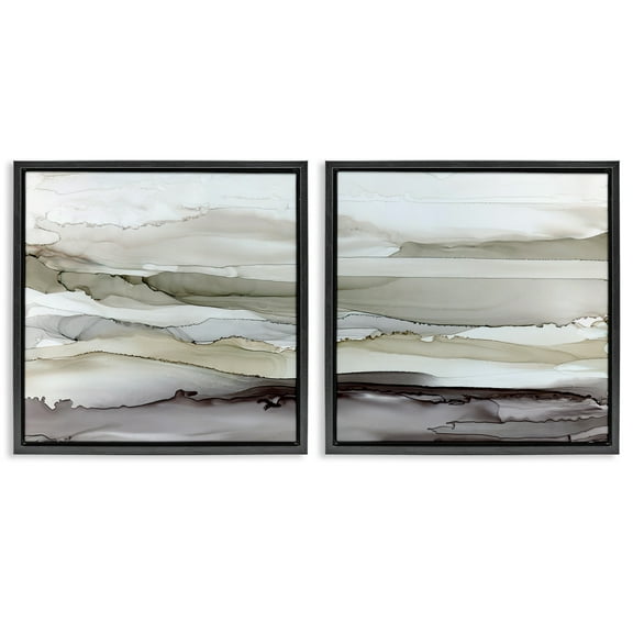 Stupell Industries Abstract Watercolor Wave Interpetation Abstract Painting Black Floater Framed Canvas Art Print Wall Art, 18 x 18, Set of 2