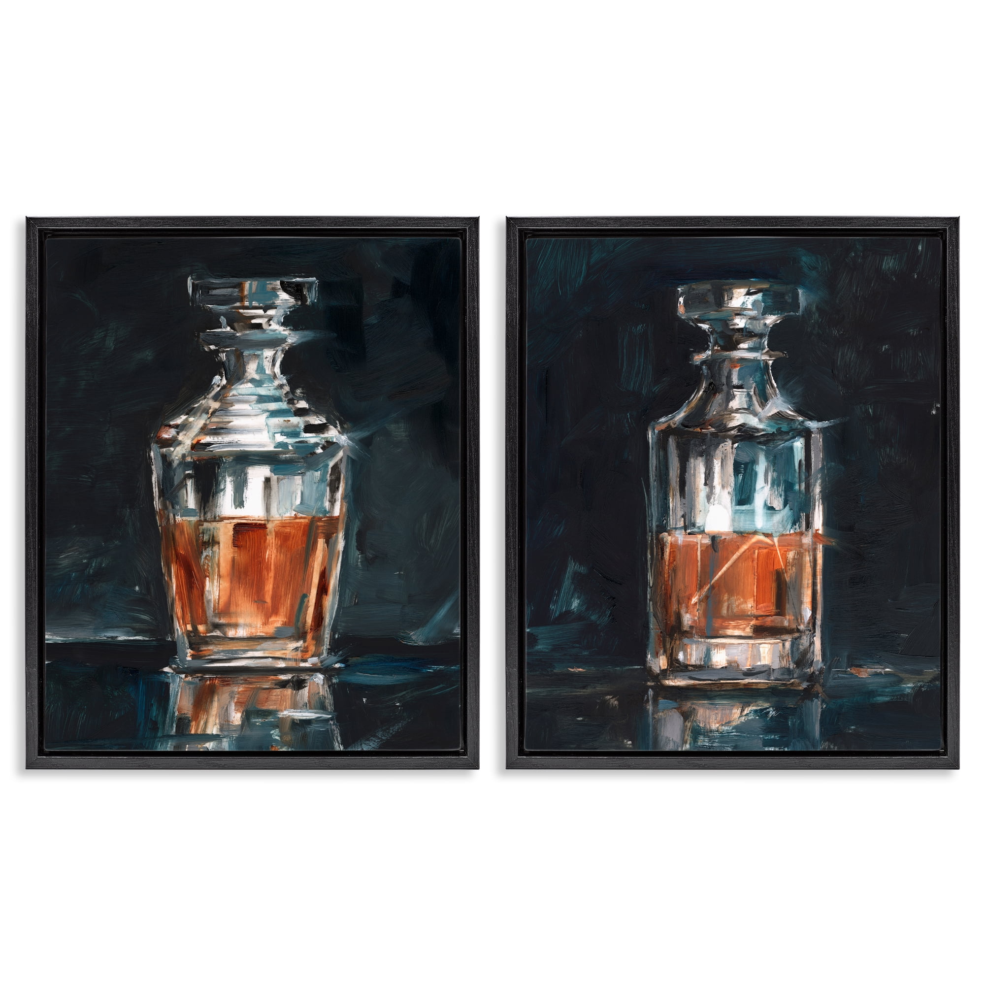 Stupell Industries Abstract Whiskey Decanters Food & Beverage Painting Black Floater Framed Canvas Art Print Wall Art, 17 x 21, Set of 2