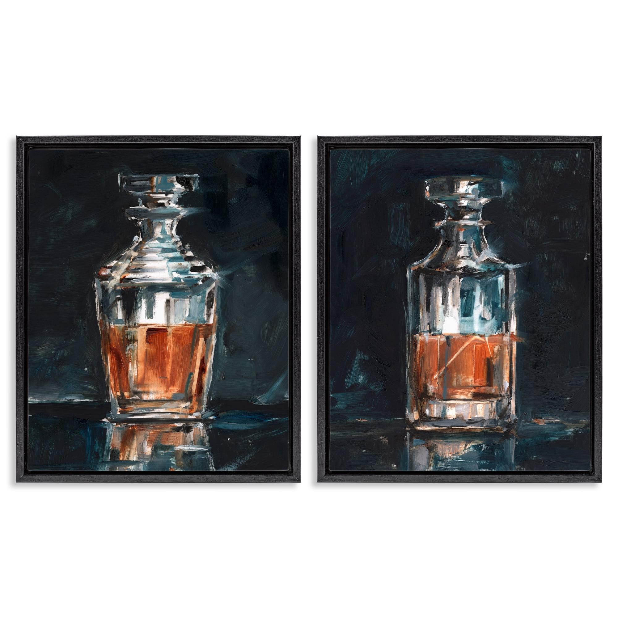 Stupell Industries Abstract Whiskey Decanters Food & Beverage Painting Black Floater Framed Canvas Art Print Wall Art, 31 x 25, Set of 2