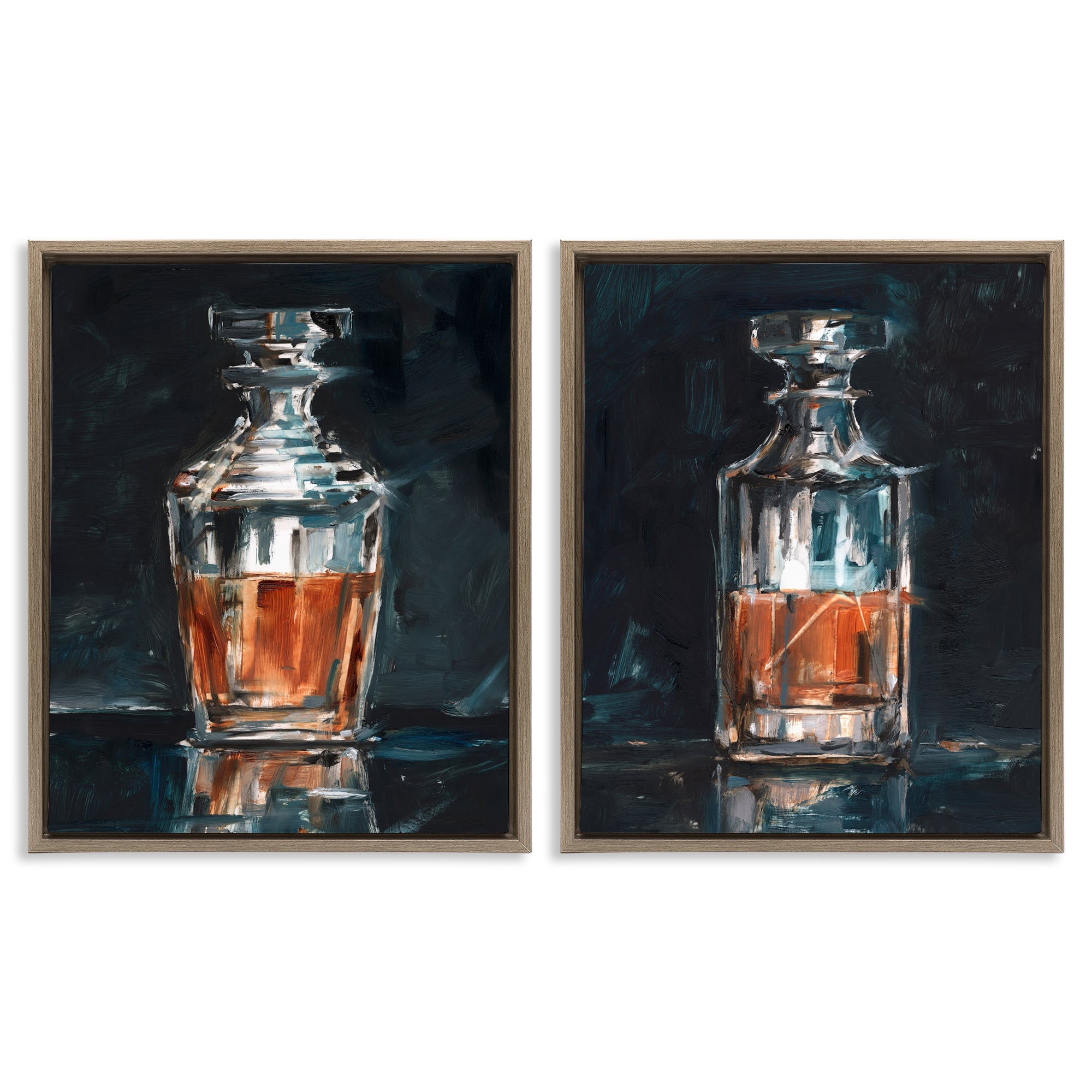 Stupell Industries Abstract Whiskey Decanters Food & Beverage Painting Brown Floater Framed Canvas Art Print Wall Art, 31 x 25, Set of 2