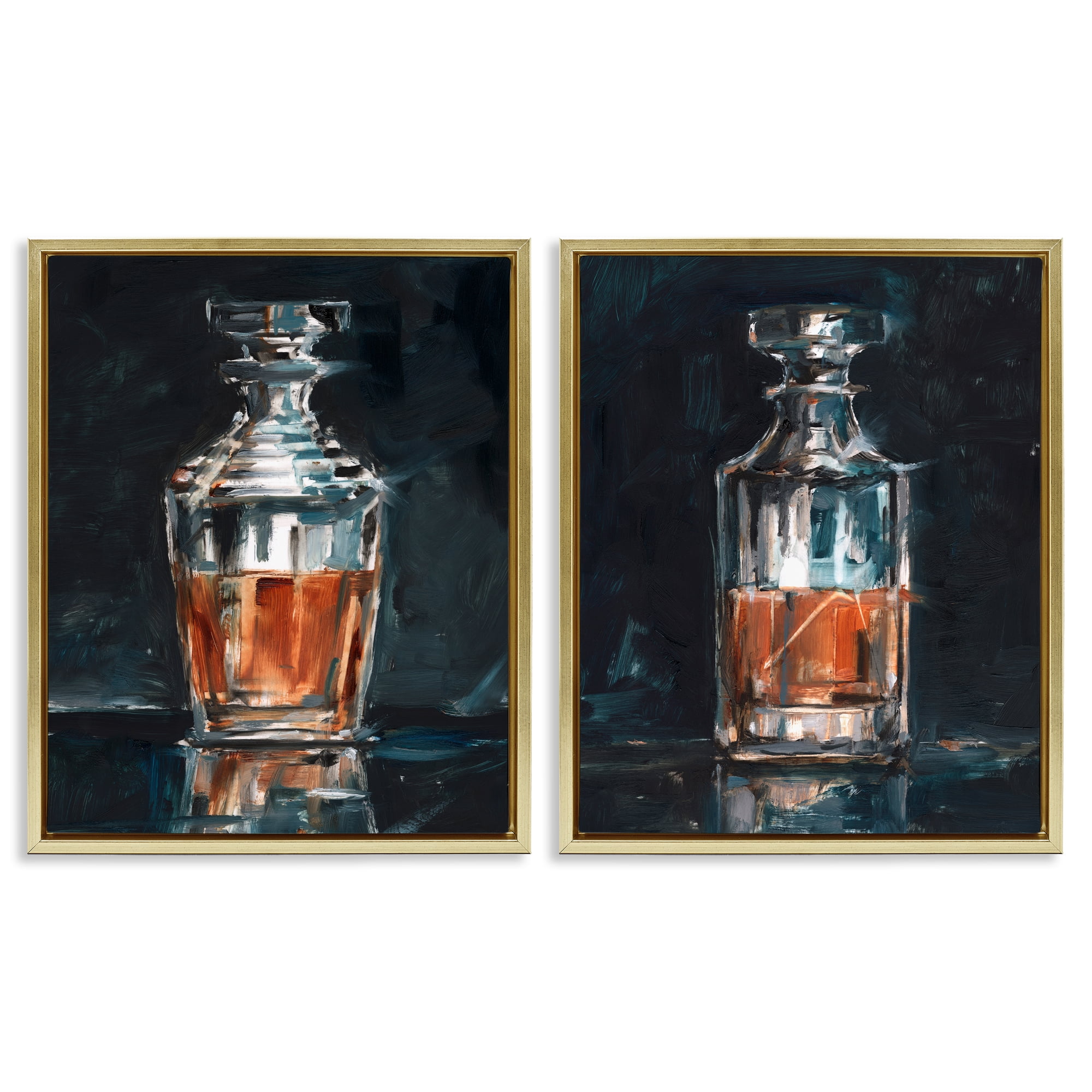 Stupell Industries Abstract Whiskey Decanters Food & Beverage Painting Gold Floater Framed Canvas Art Print Wall Art, 17 x 21, Set of 2