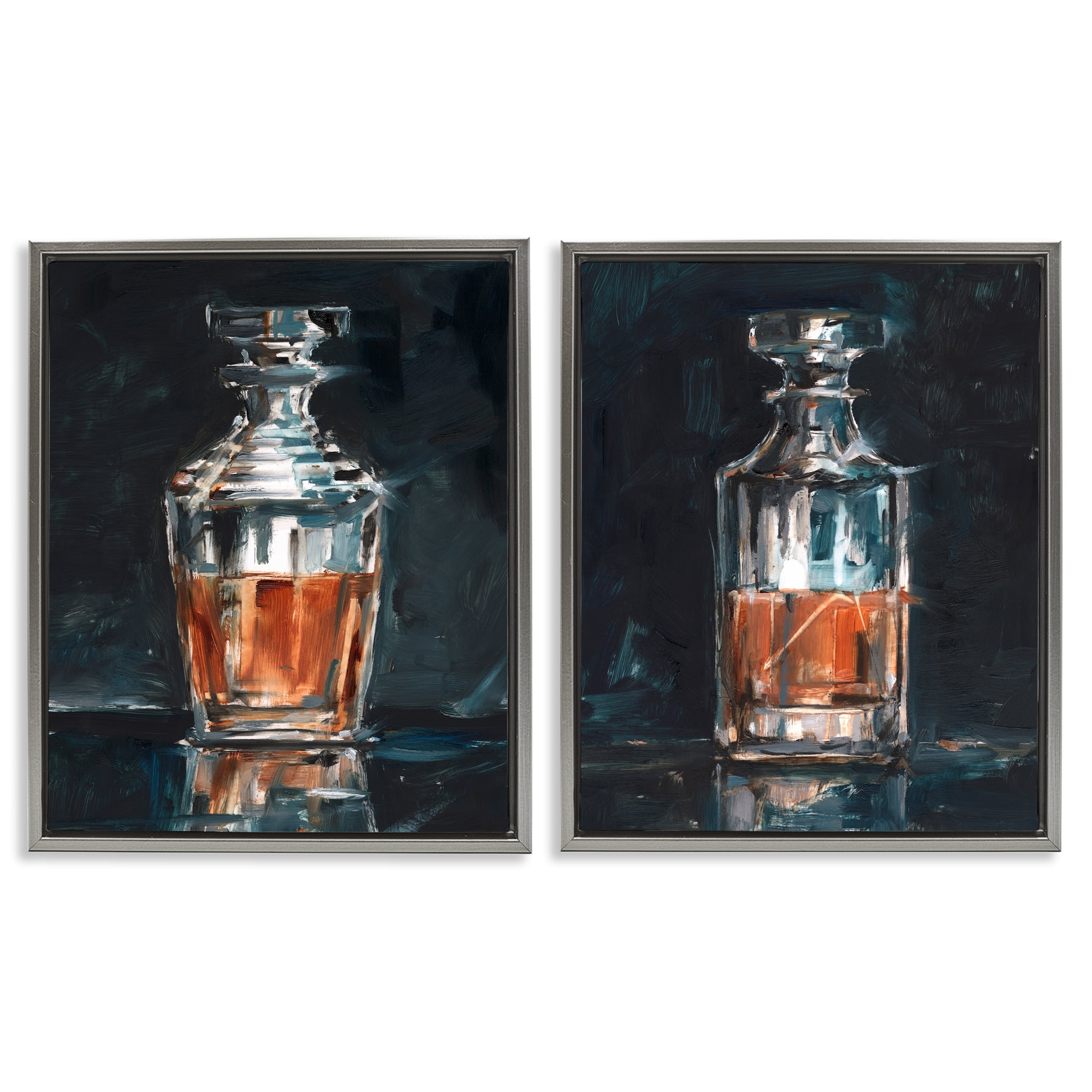 Stupell Industries Abstract Whiskey Decanters Food & Beverage Painting Gray Floater Framed Canvas Art Print Wall Art, 17 x 21, Set of 2