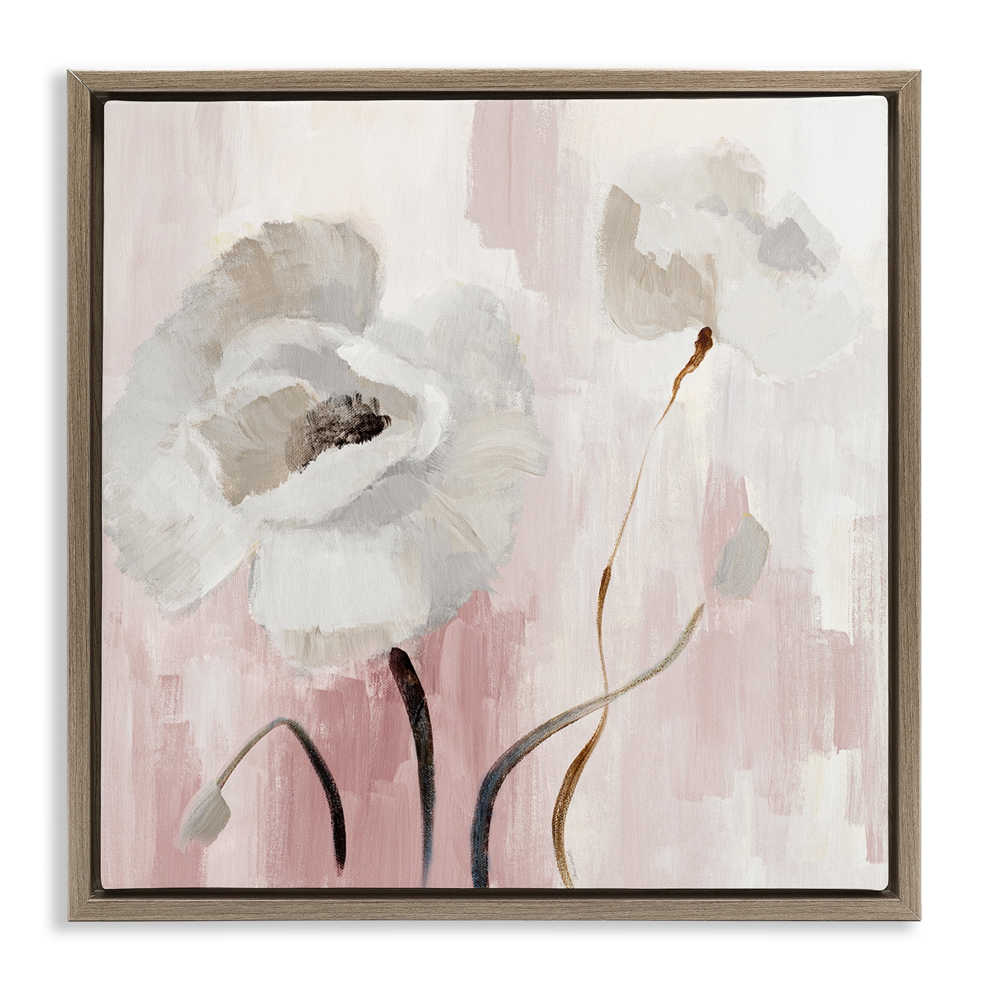 Stupell Industries Abstract White Blossoms Botanical & Floral Painting Brown Floater Framed Canvas Art Print Wall Art, 18 x 18