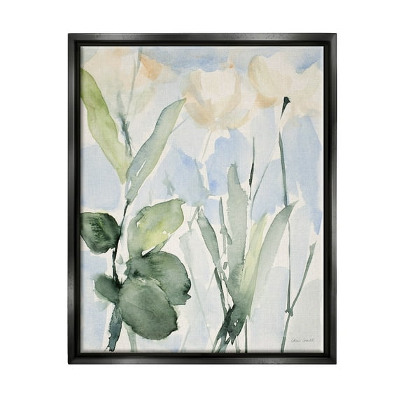 Stupell Industries Abstract White Flowers Leaves Watercolor Effect Brushstrokes Painting Jet Black Floating Framed Canvas Print Wall Art, Design by Lanie Loreth