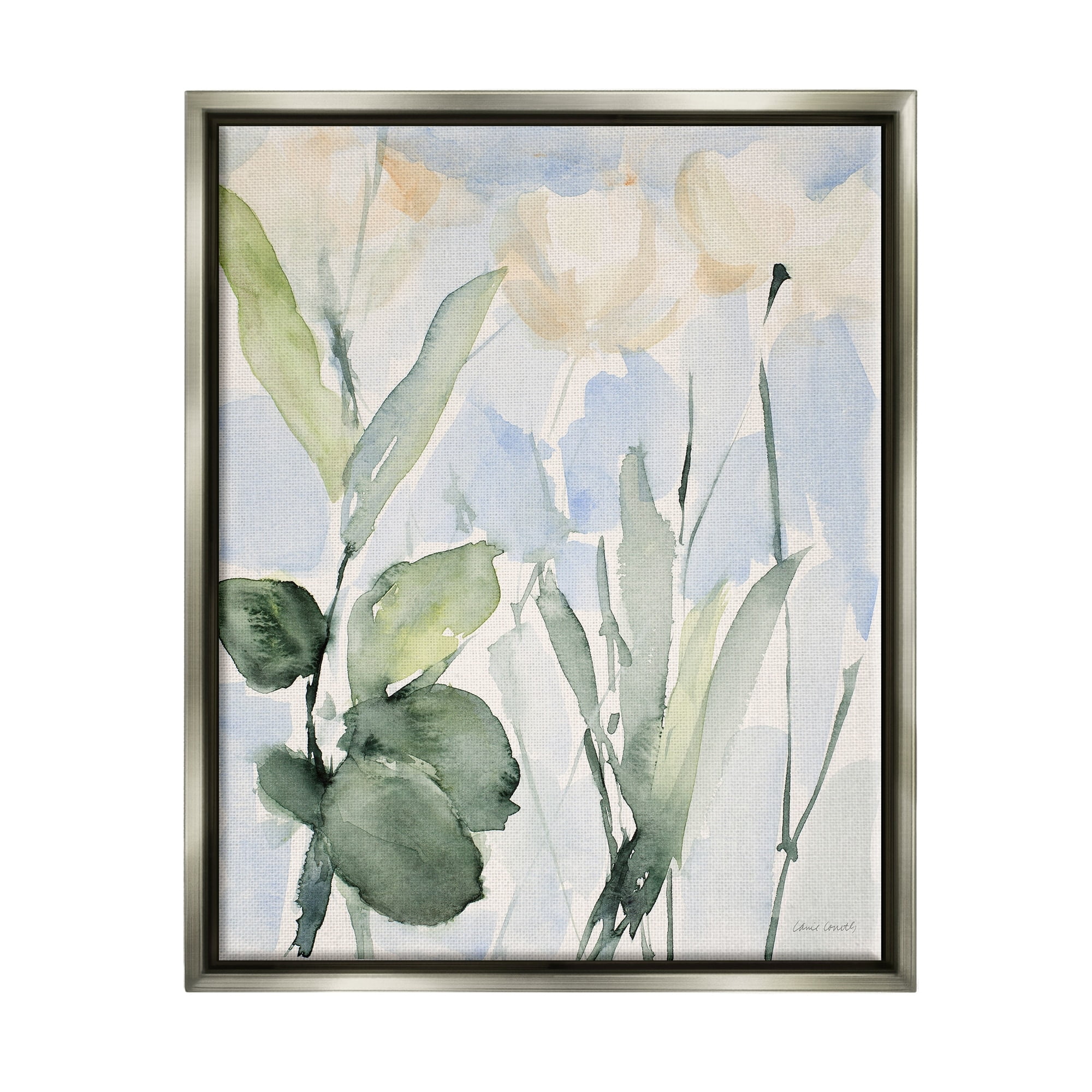 Stupell Industries Abstract White Flowers Leaves Watercolor Effect Brushstrokes Painting Luster Gray Floating Framed Canvas Print Wall Art, Design by Lanie Loreth