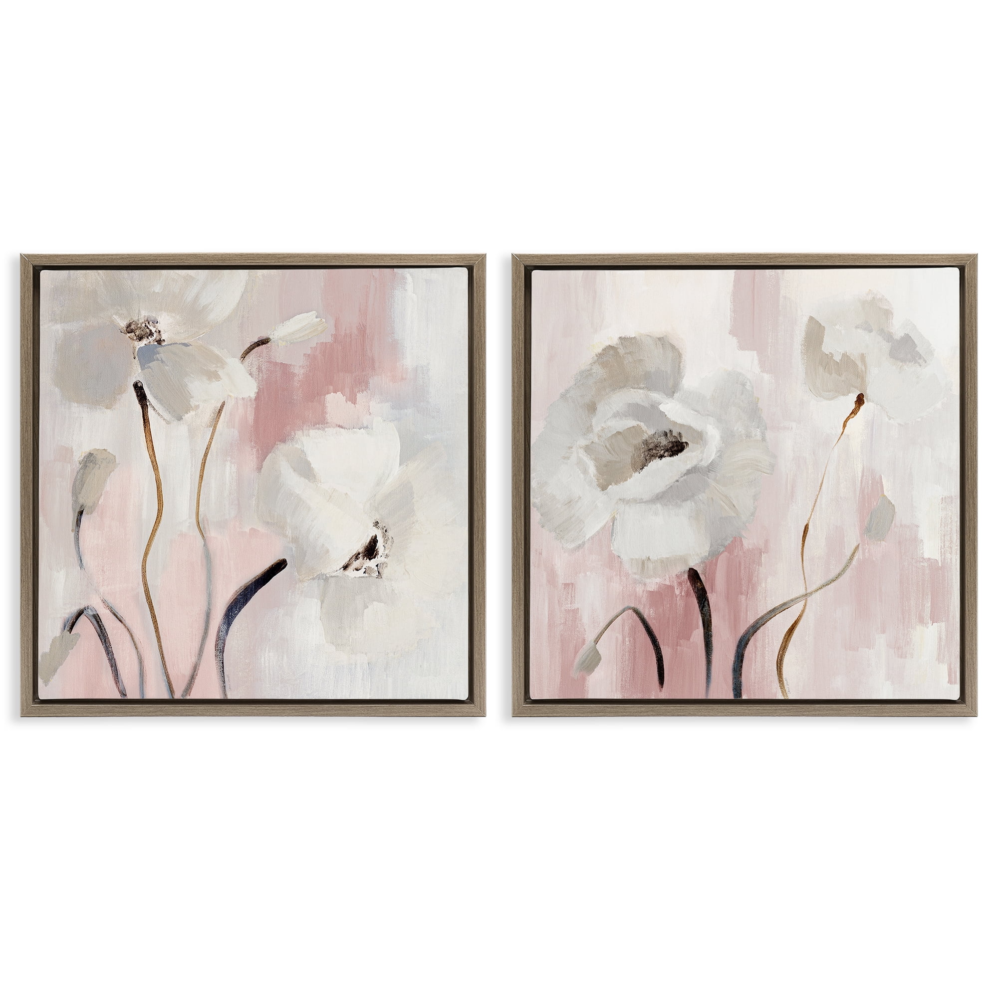 Stupell Industries Abstract White Poppies Plants & Flowers Painting Brown Floater Framed Canvas Art Print Wall Art, 25 x 25, Set of 2