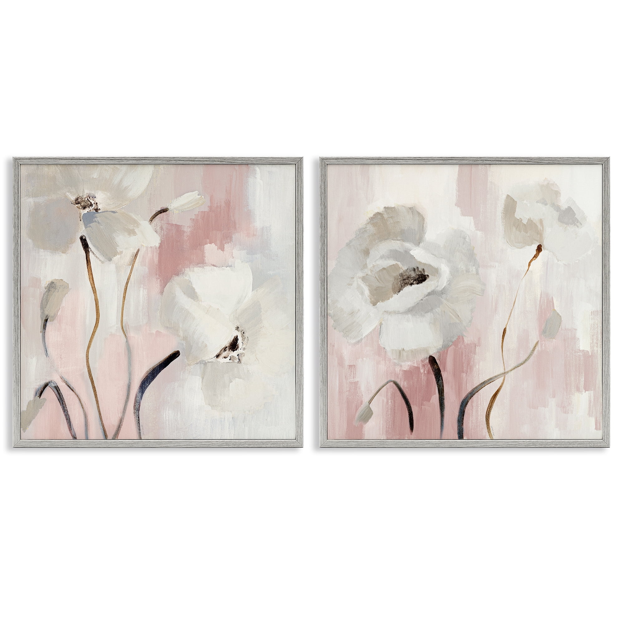 Stupell Industries Abstract White Poppies Plants & Flowers Painting Gray Framed Art Print Wall Art, 12 x 12, Set of 2