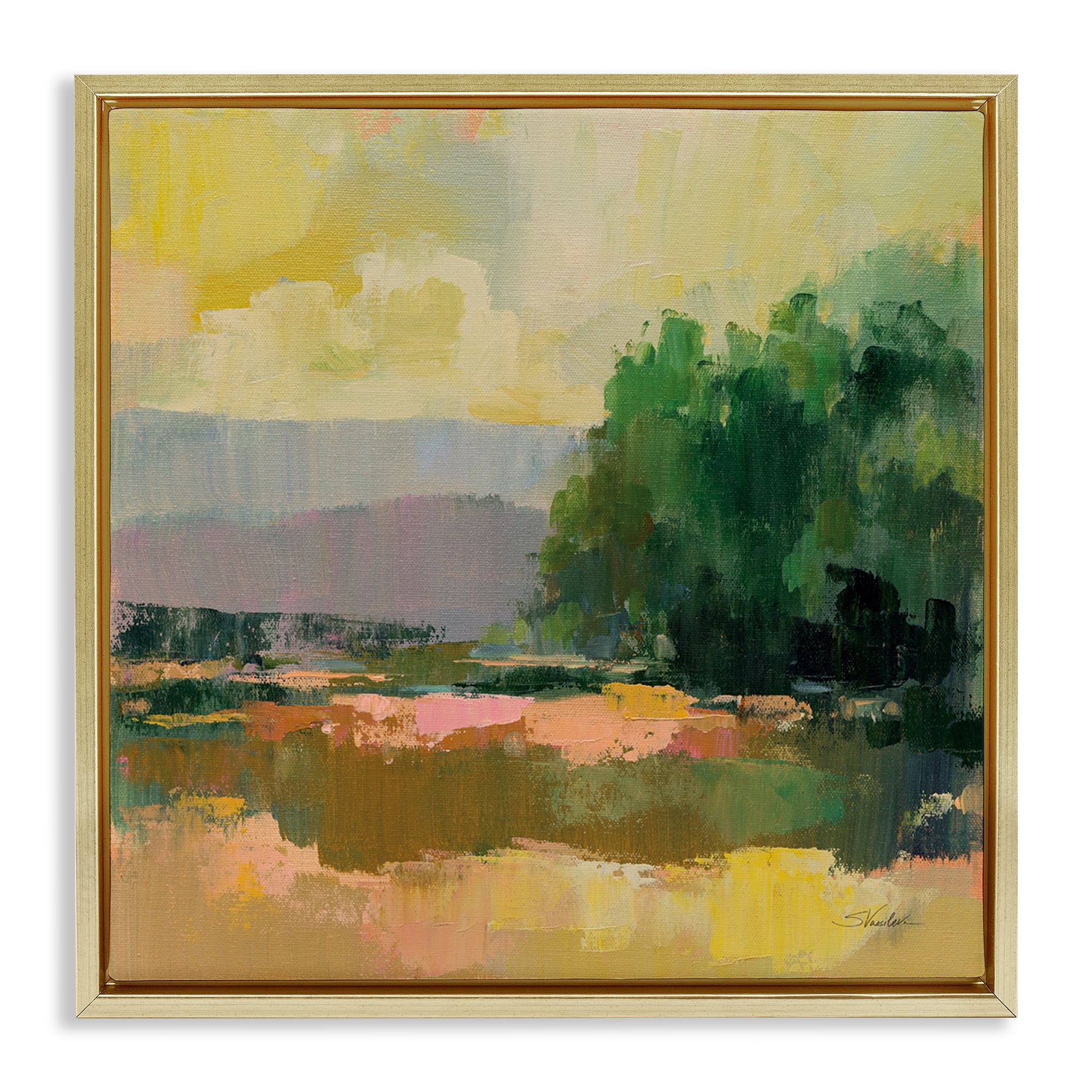 Stupell Industries Abstract Willow Tree Landscape & Nature Painting Gold Floater Framed Canvas Art Print Wall Art, 18 x 18