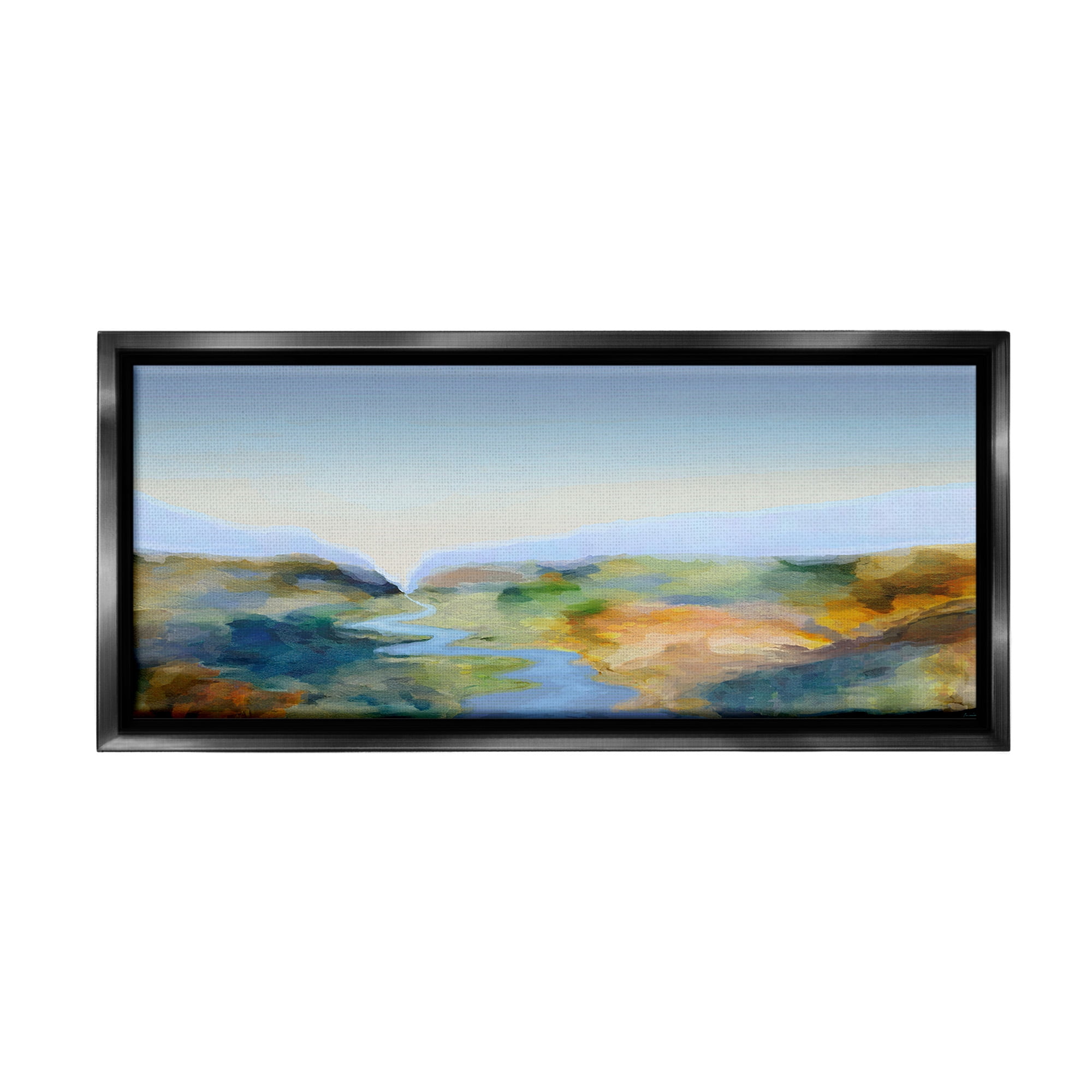 Stupell Industries Abstract Winding Stream Landscape Painting Black Floater Framed Canvas Art Print Wall Art, 25 x 11
