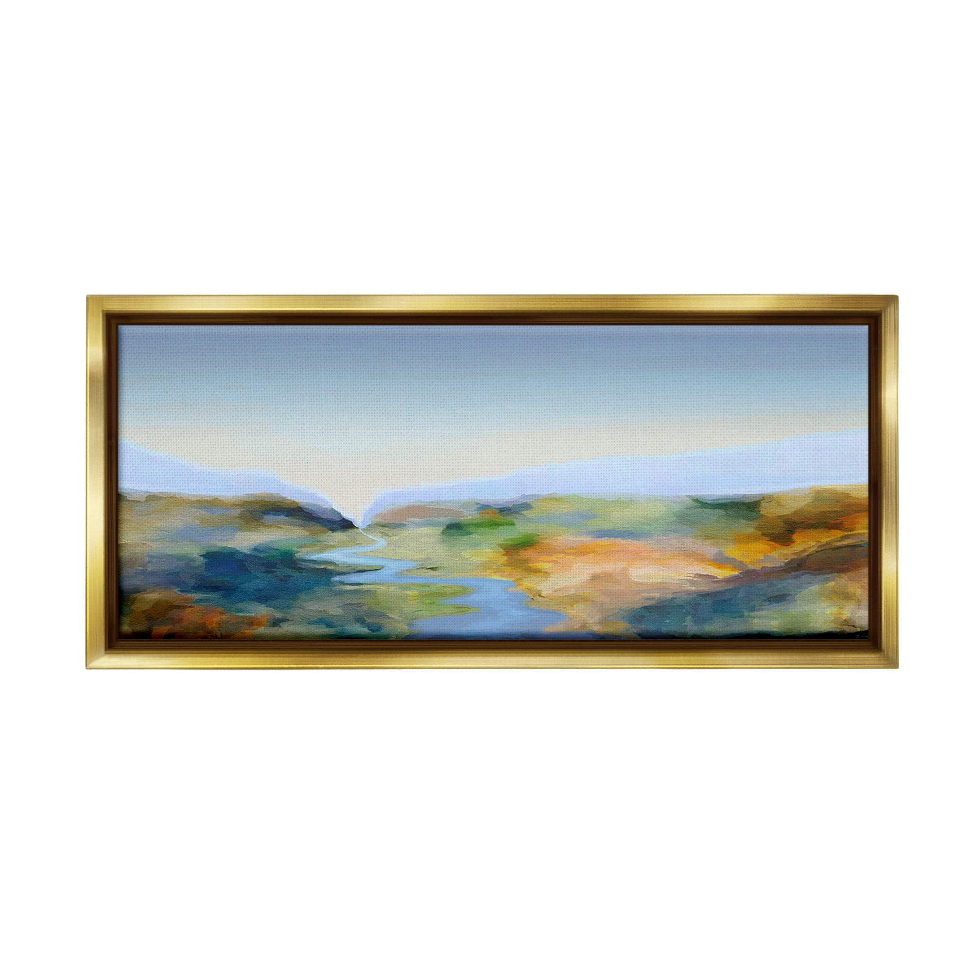Stupell Industries Abstract Winding Stream Landscape Painting Gold Floater Framed Canvas Art Print Wall Art, 25 x 11