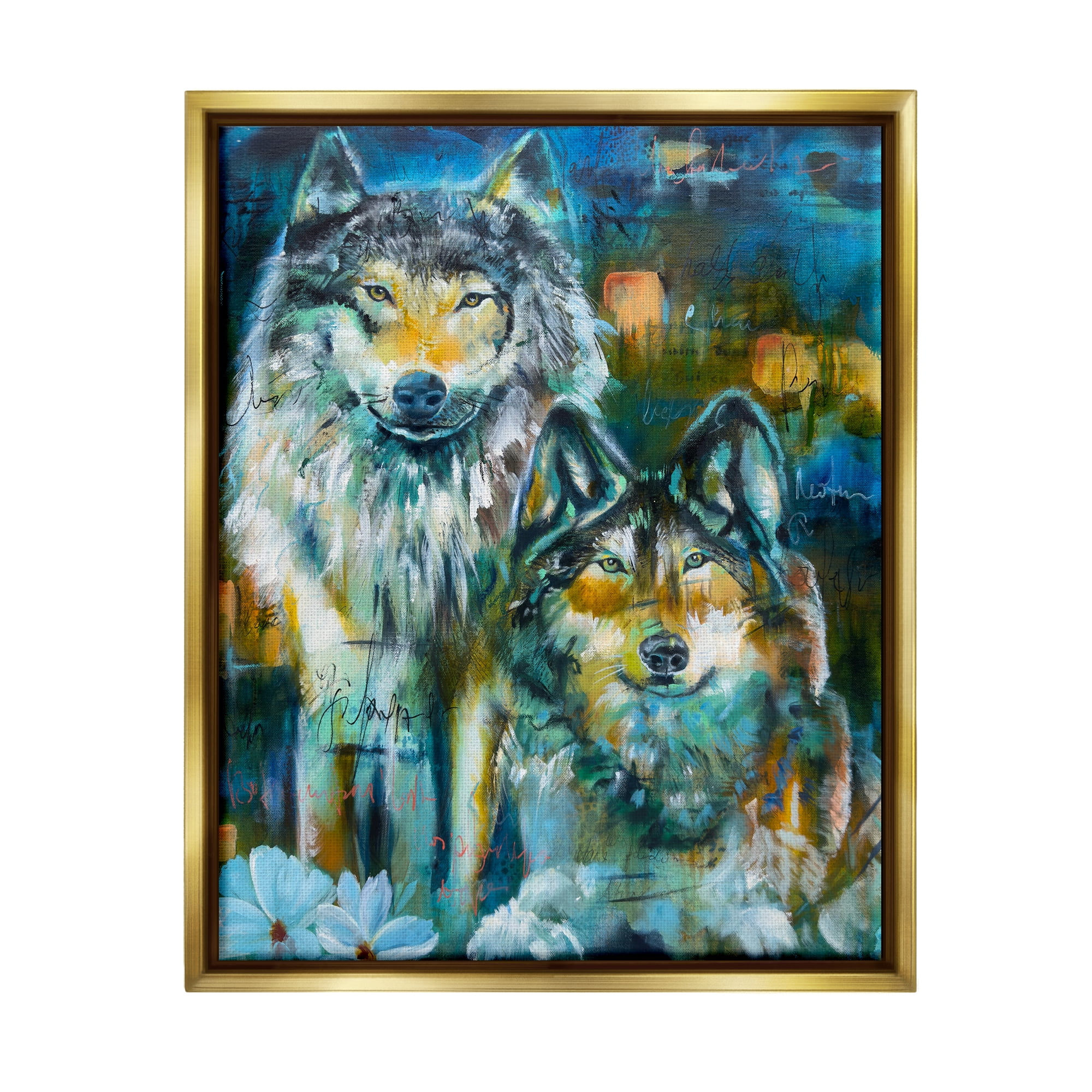 Stupell Industries Abstract Wolf Pair Animals & Insects Painting Gold Floater Framed Canvas Art Print Wall Art, 25 x 31