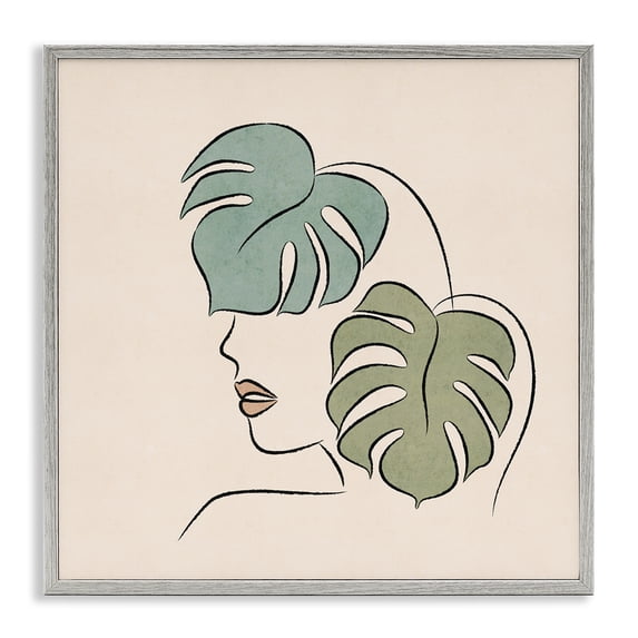 Stupell Industries Contemporary Abstract Woman Face Monstera Plant Leaf Doodle Gray Framed Giclee Art, 12 x 12, by JJ Design House LLC