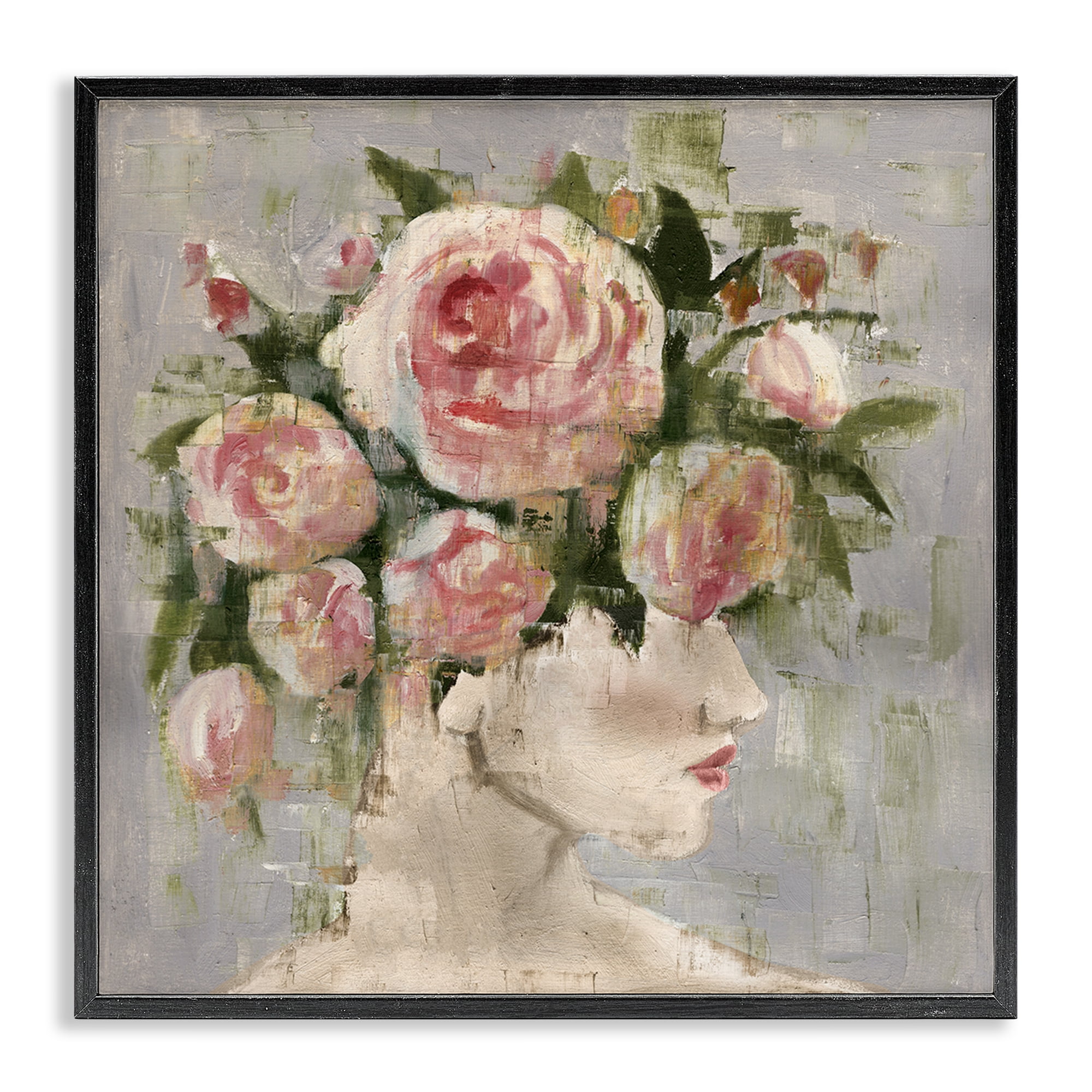 Stupell Industries Abstract Woman with Roses Plants & Flowers Painting Black Framed Art Print Wall Art, 17 x 17