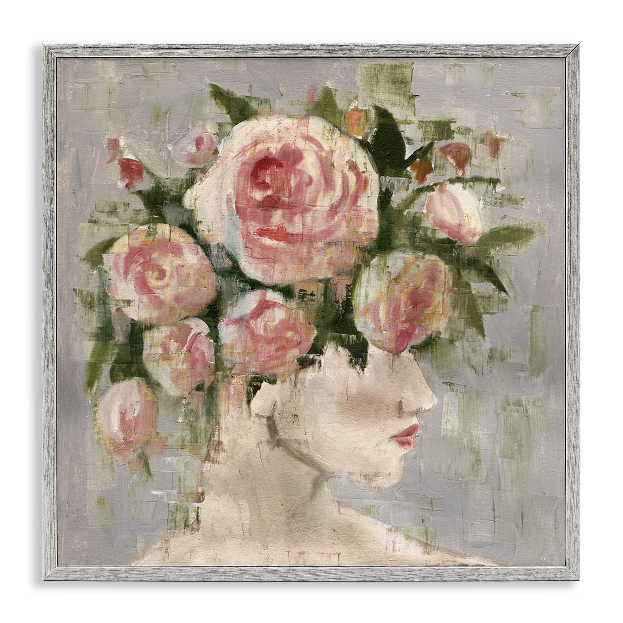 Stupell Industries Abstract Woman with Roses Plants & Flowers Painting Gray Framed Art Print Wall Art, 17 x 17