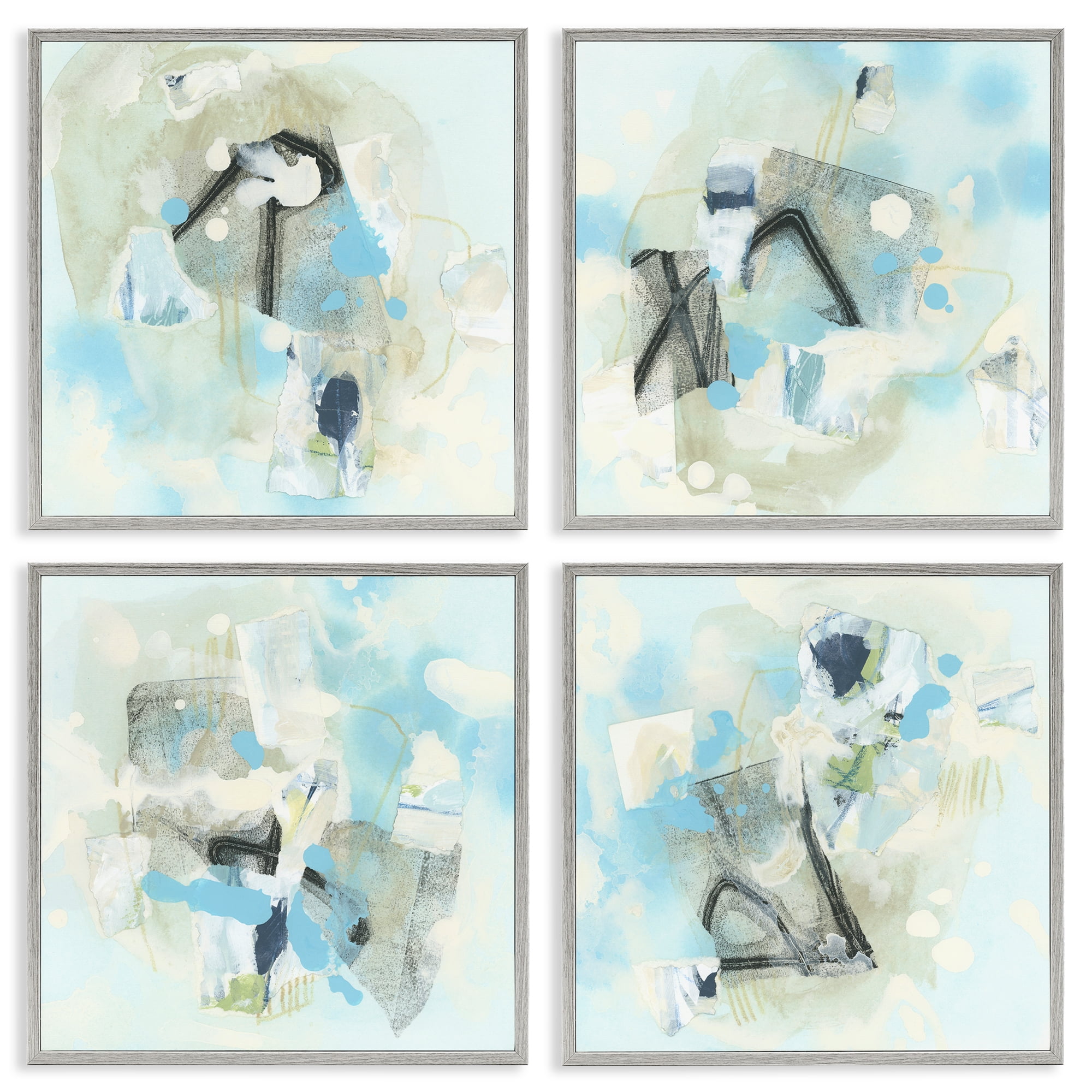 Stupell Industries Abstract with Blue Splatter Abstract Painting Gray Framed Art Print Wall Art, 17 x 17, Set of 4