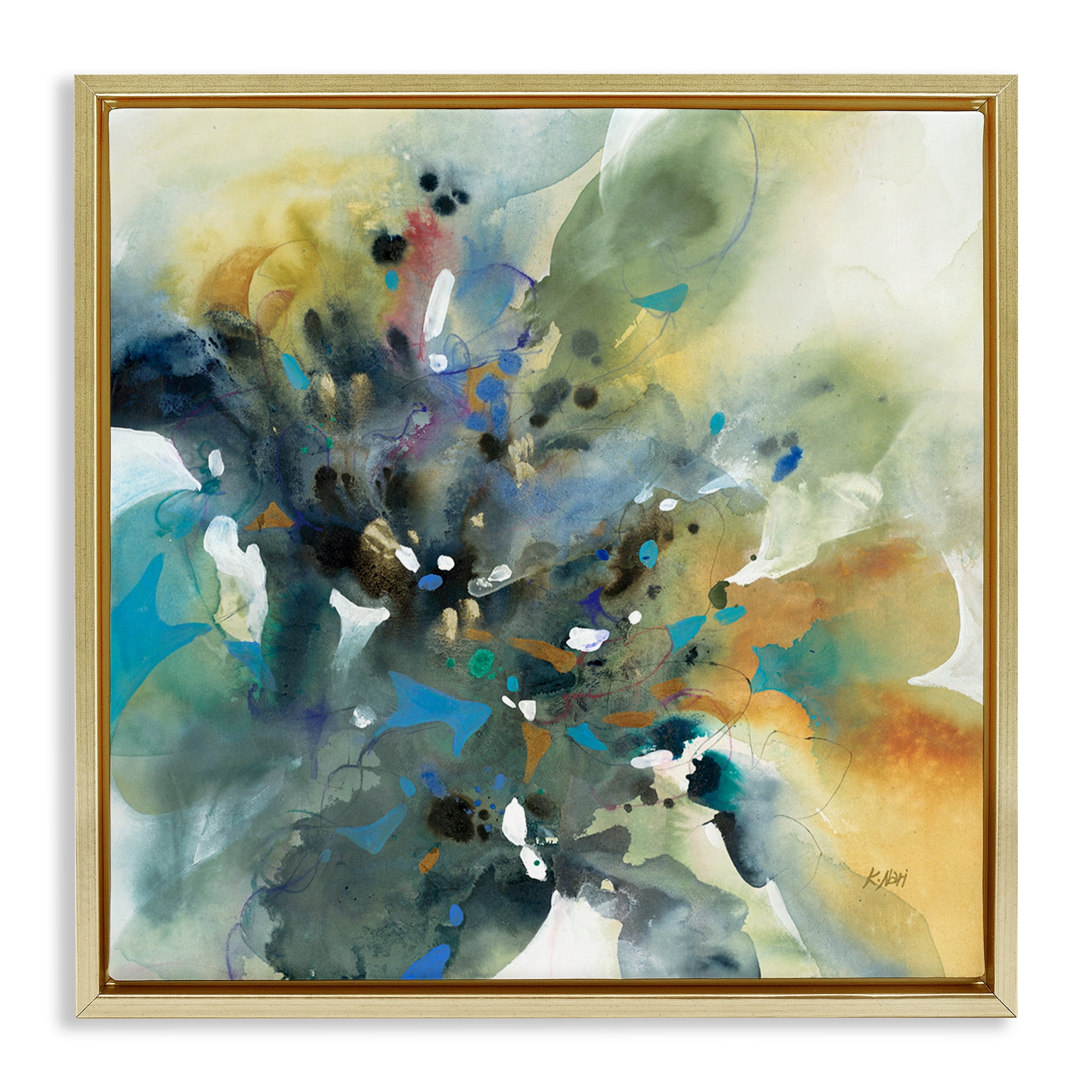 Stupell Industries Abstract with Ink Droplets Abstract Painting Gold Floater Framed Canvas Art Print Wall Art, 18 x 18