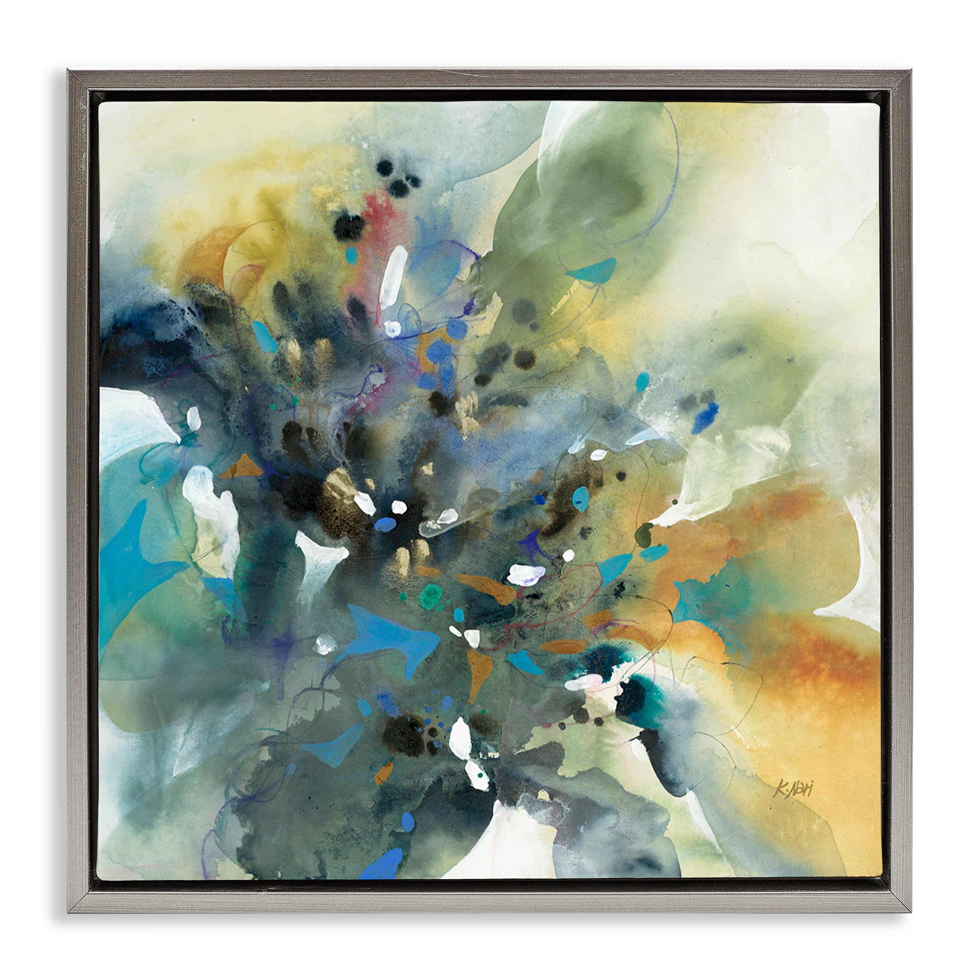Stupell Industries Abstract with Ink Droplets Abstract Painting Gray Floater Framed Canvas Art Print Wall Art, 18 x 18