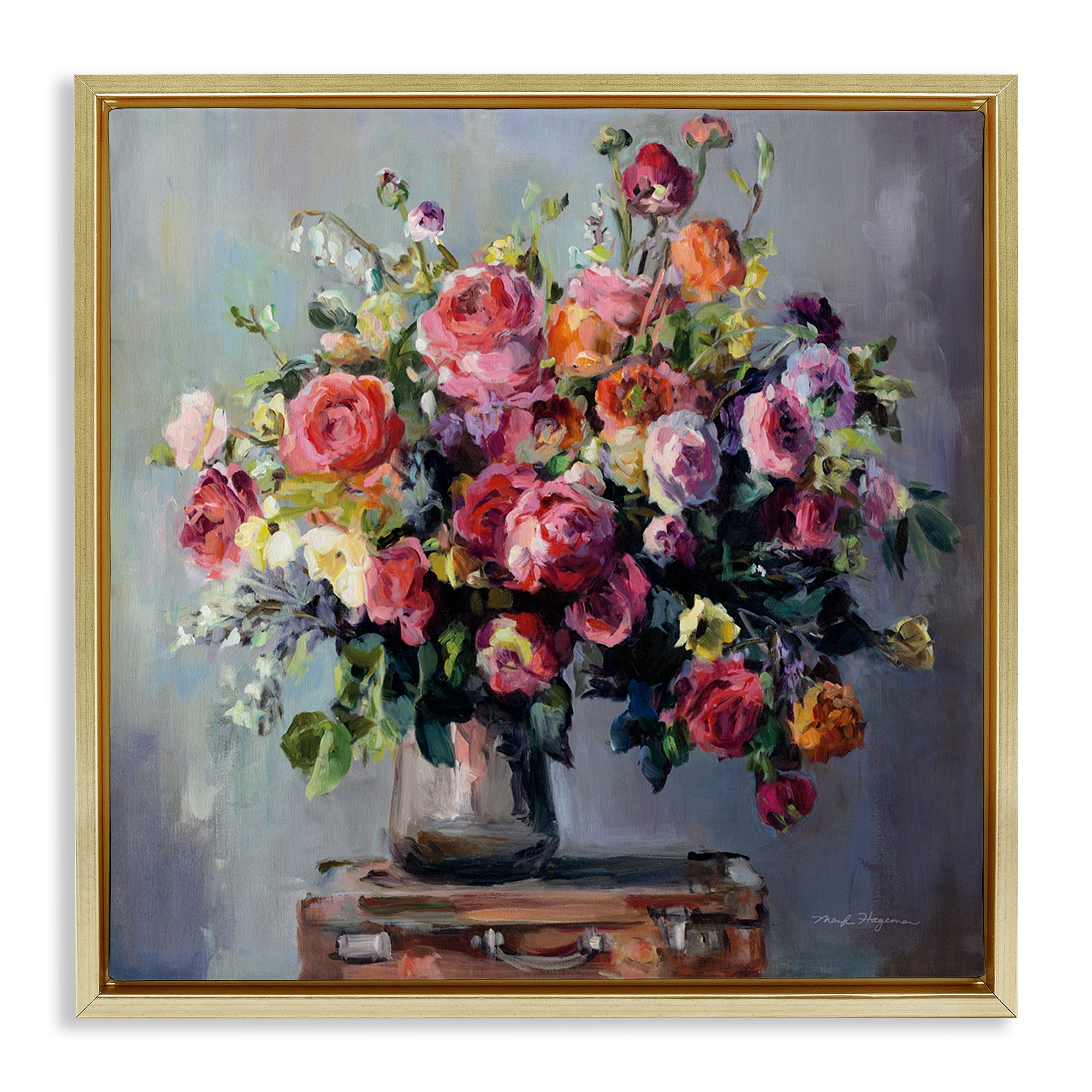 Stupell Industries Abundant Rose Bouquet Plants & Flowers Painting Gold Floater Framed Canvas Art Print Wall Art, 18 x 18