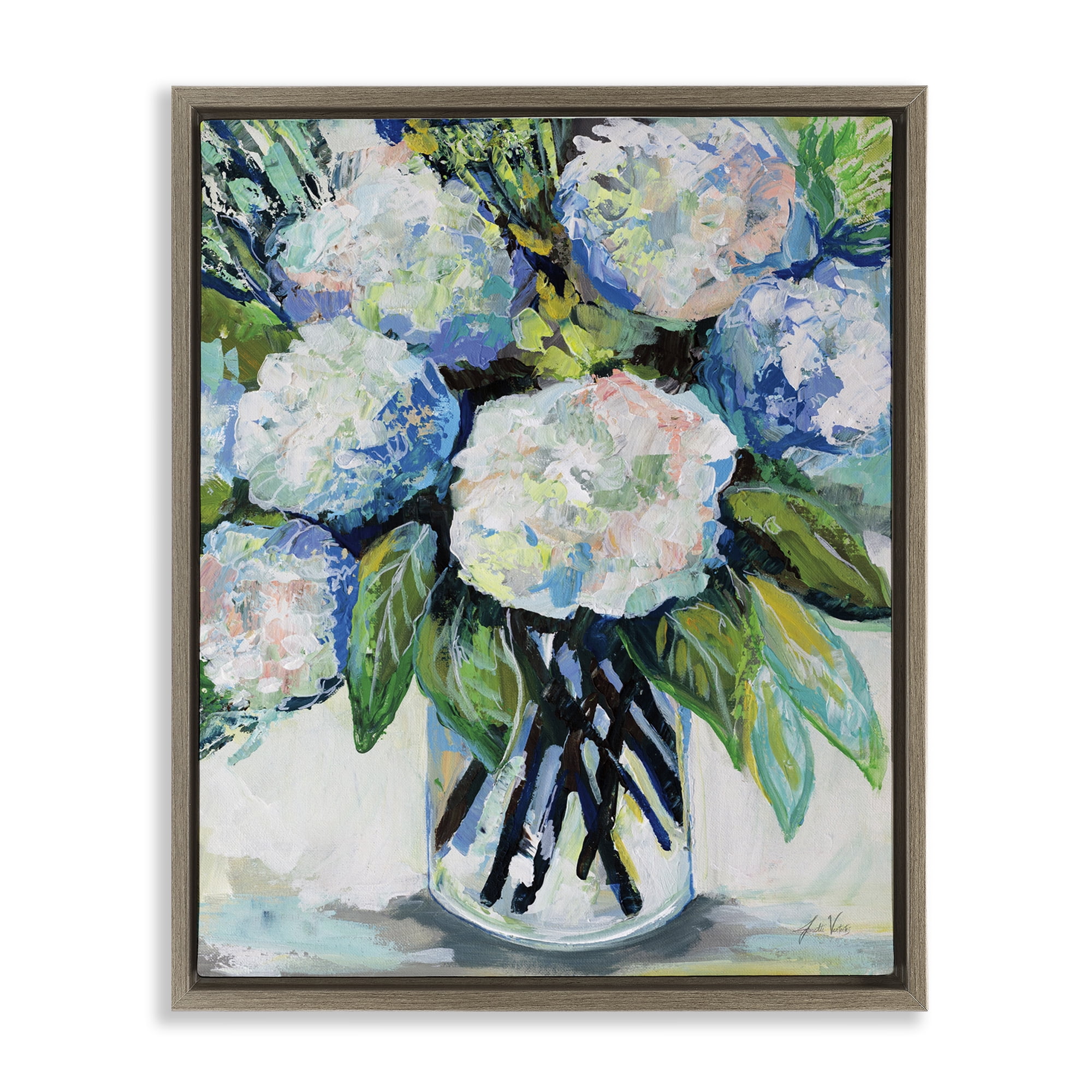 Stupell Industries Abundant White Hydrangeas Botanical & Floral Painting Brown Floater Framed Art Print Wall Art, 17 x 21