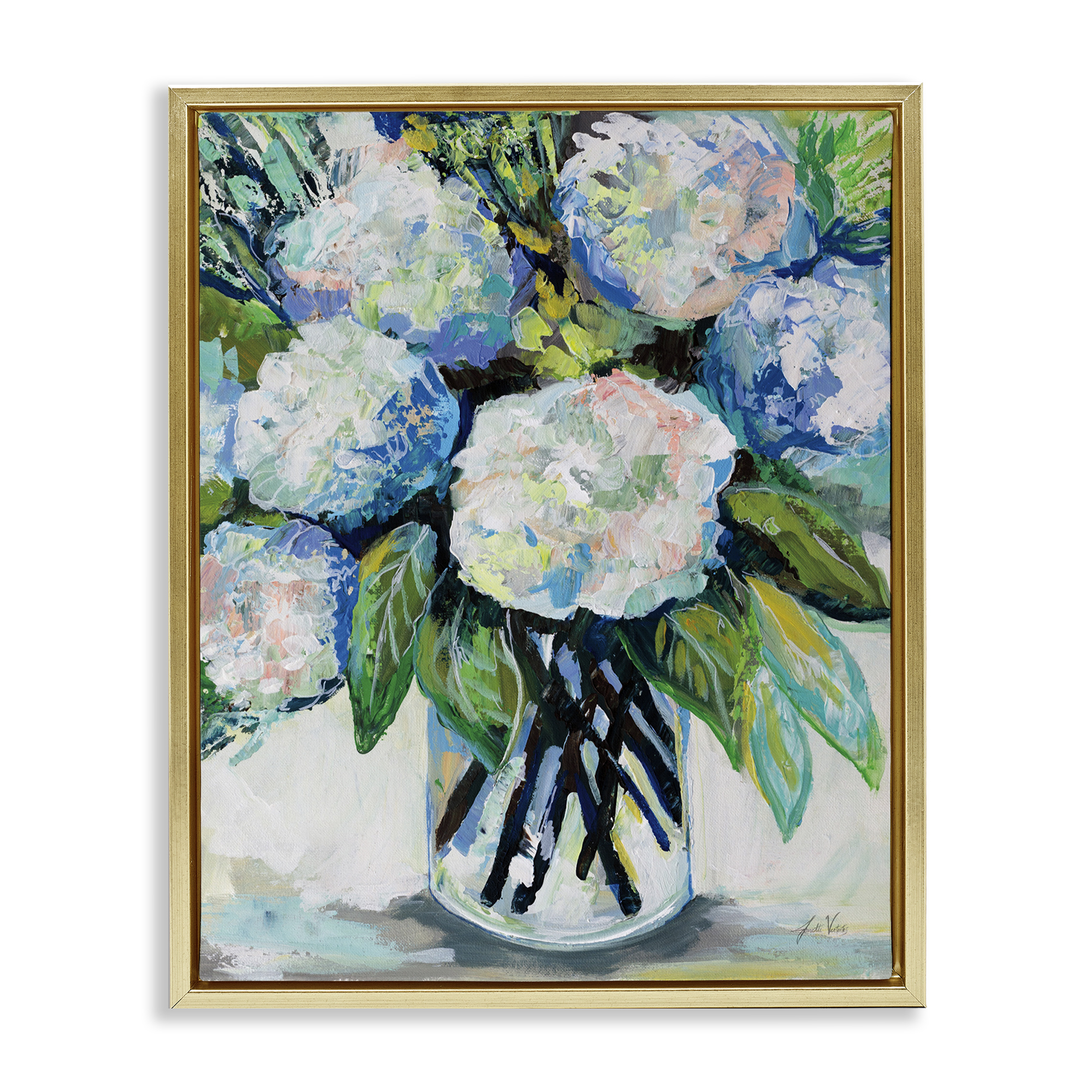 Stupell Industries Abundant White Hydrangeas Botanical & Floral Painting Gold Floater Framed Art Print Wall Art, 17 x 21
