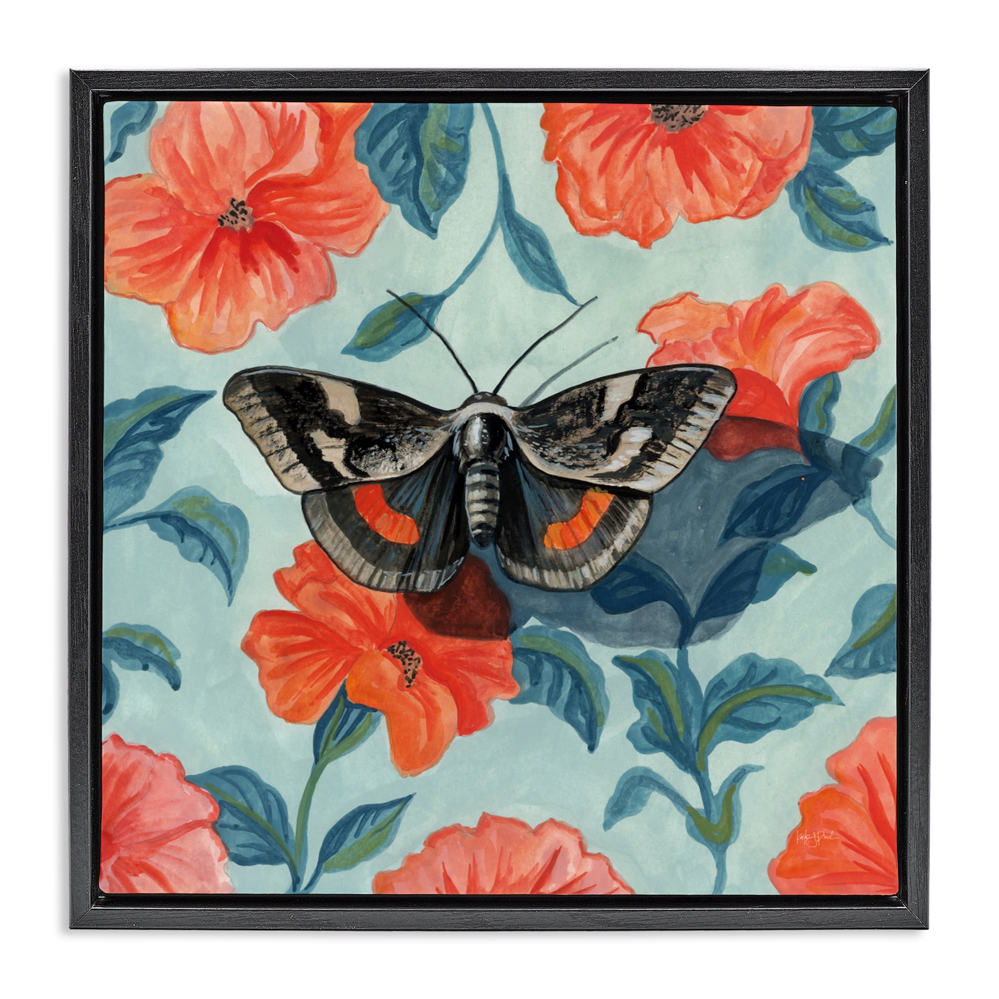 Stupell Industries Academia Moth On Floral Black Framed Floater Canvas Wall Art, design by Kate Jarvik Birch