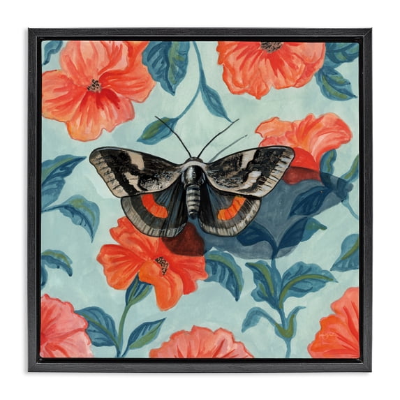 Stupell Industries Eclectic Academia Moth On Floral Black Floating Frame Canvas Art, 18 x 18, by Kate Jarvik Birch
