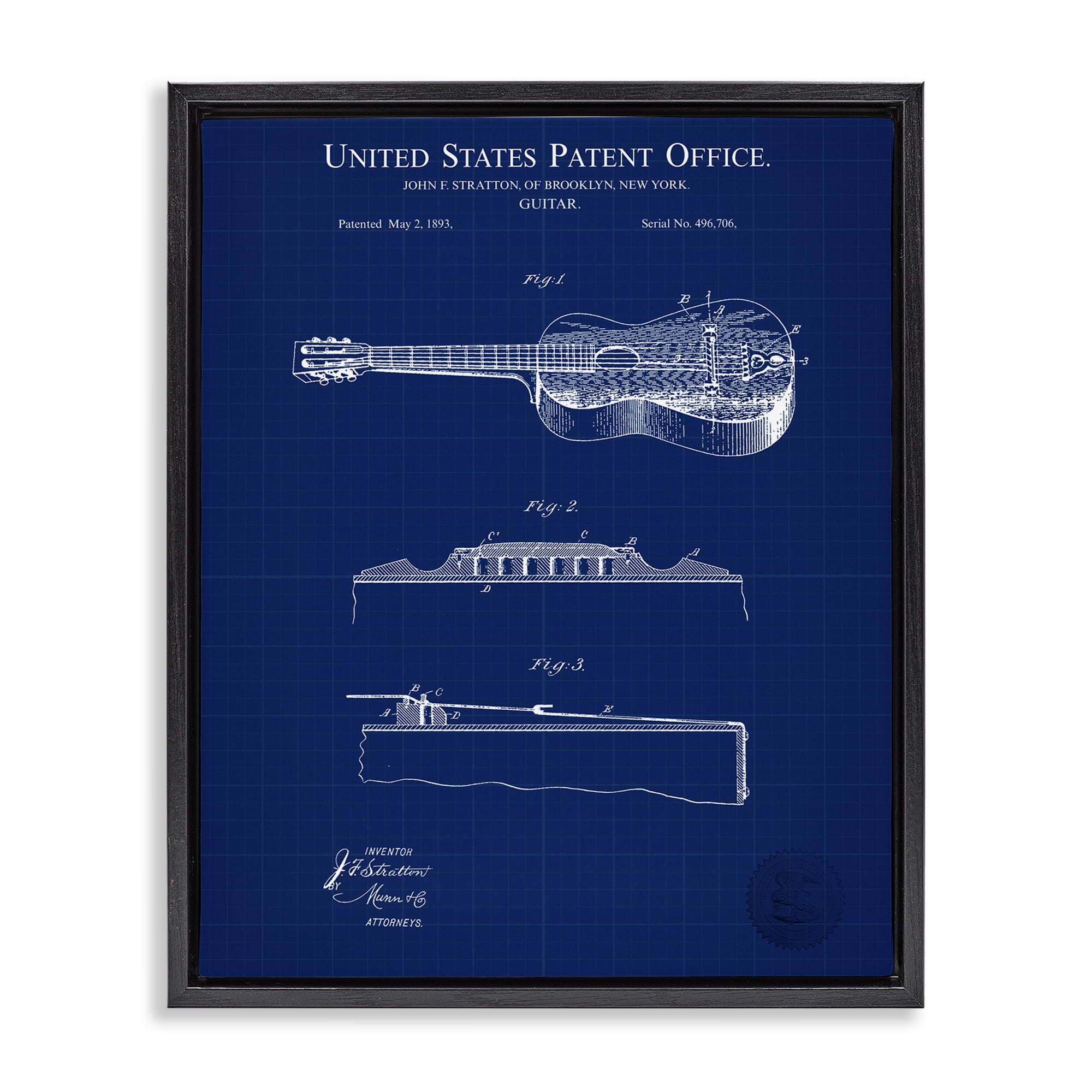 Stupell Industries Acoustic Guitar Blueprint Performing Arts Painting Black Floater Framed Art Print Wall Art, 17 x 21