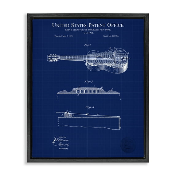 Stupell Industries Acoustic Guitar Blueprint Performing Arts Painting Black Floater Framed Art Print Wall Art, 25 x 31