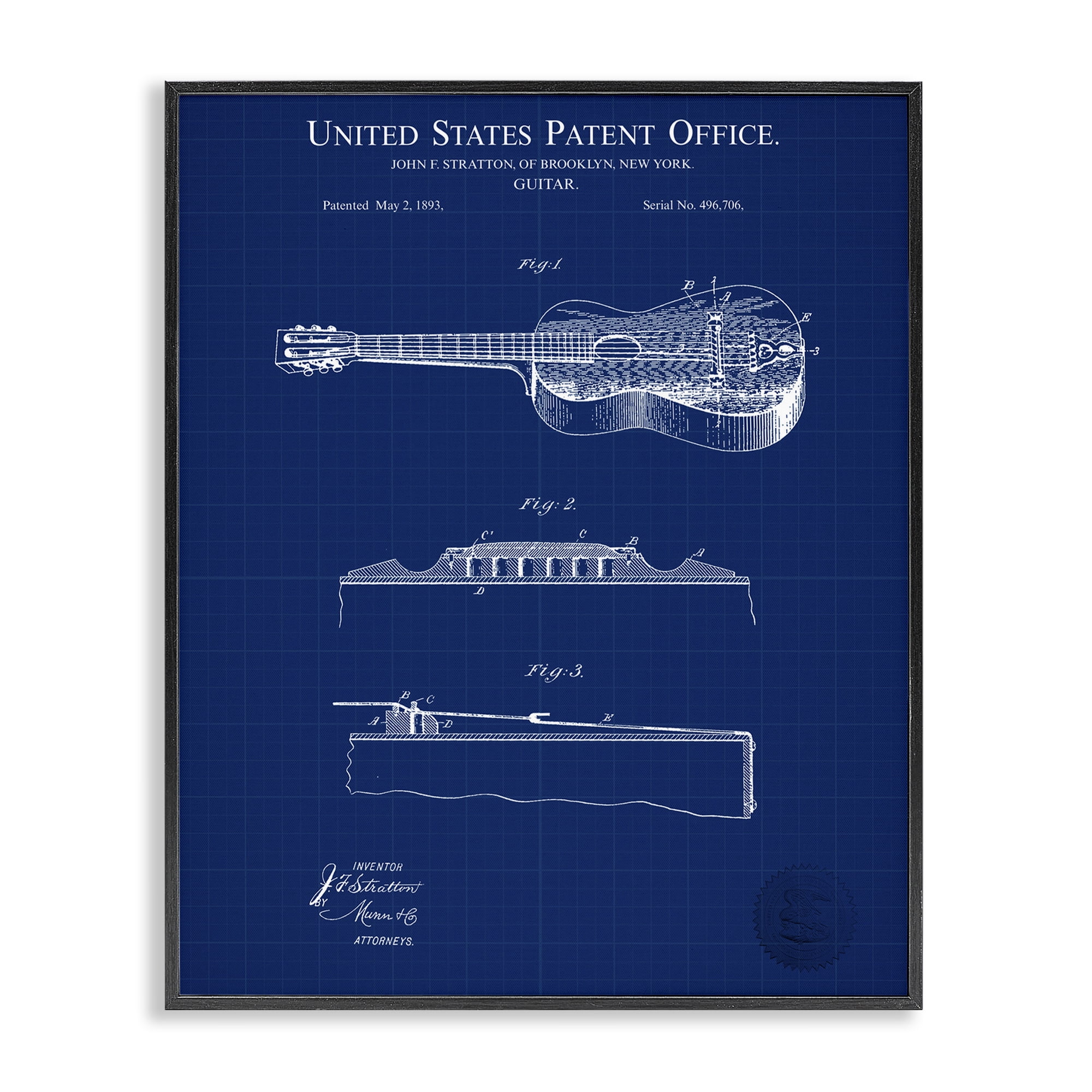 Stupell Industries Acoustic Guitar Blueprint Performing Arts Painting Black Framed Art Print Wall Art, 16 x 20