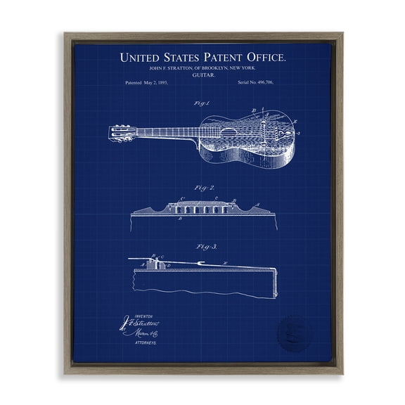 Stupell Industries Acoustic Guitar Blueprint Performing Arts Painting Brown Floater Framed Art Print Wall Art, 17 x 21