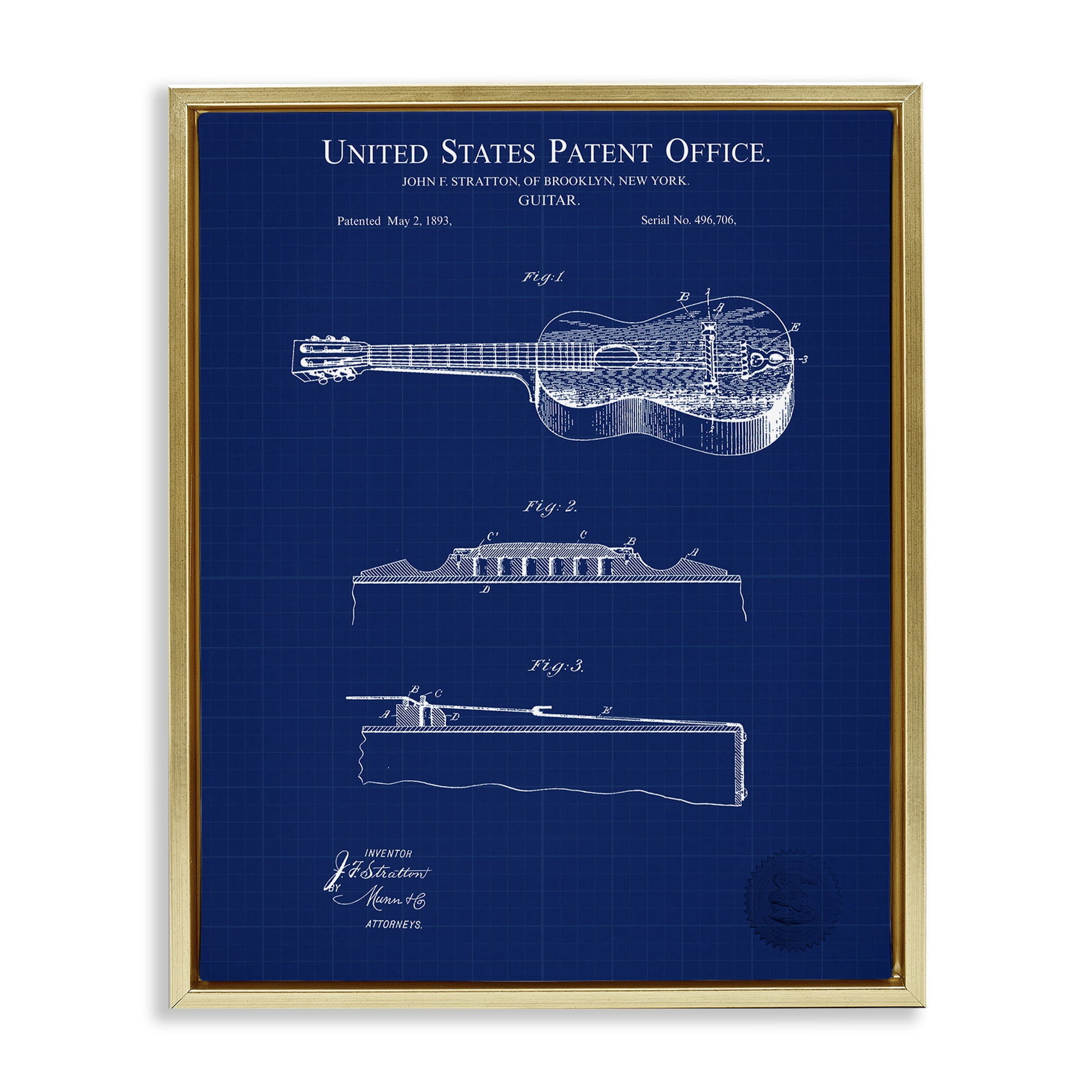 Stupell Industries Acoustic Guitar Blueprint Performing Arts Painting Gold Floater Framed Art Print Wall Art, 25 x 31