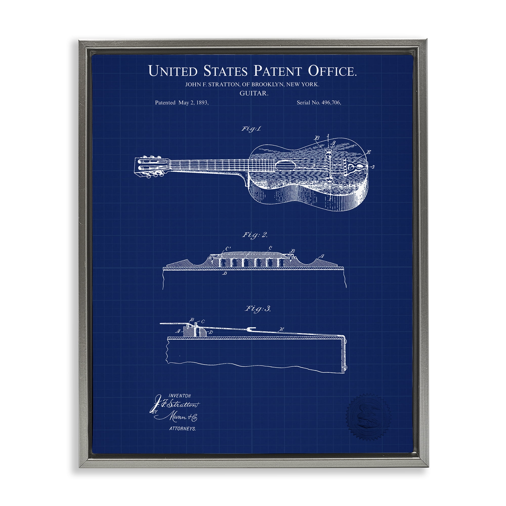 Stupell Industries Acoustic Guitar Blueprint Performing Arts Painting Gray Floater Framed Art Print Wall Art, 17 x 21