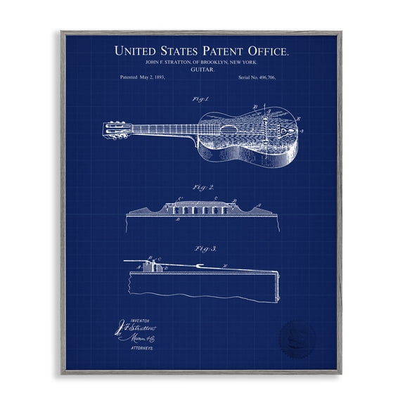 Stupell Industries Acoustic Guitar Blueprint Performing Arts Painting Gray Framed Art Print Wall Art, 11 x 14