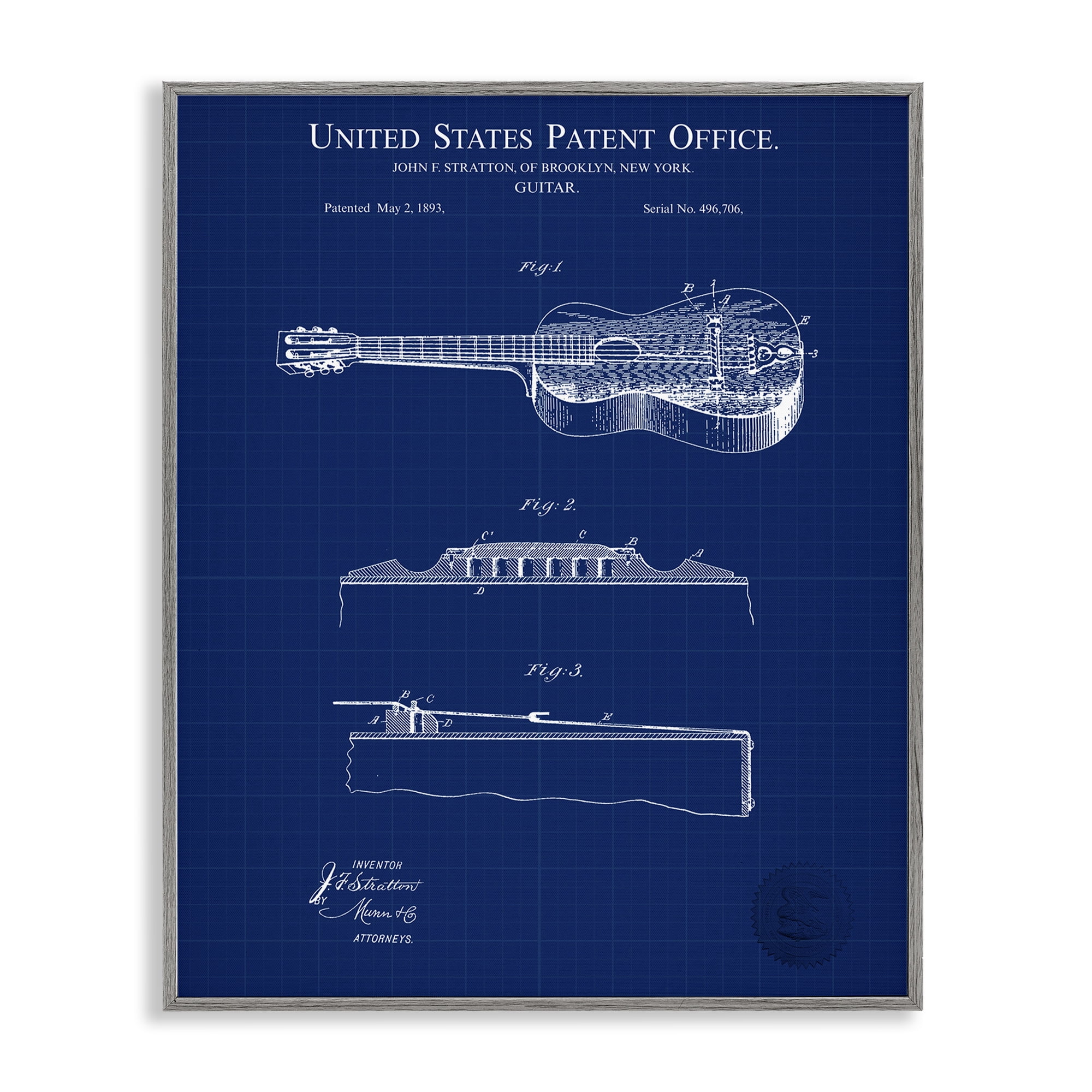 Stupell Industries Acoustic Guitar Blueprint Performing Arts Painting Gray Framed Art Print Wall Art, 16 x 20